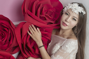Картинка девушки -unsort+ азиатки невеста азиатка настроение девушка модель кровать цветы розы платье