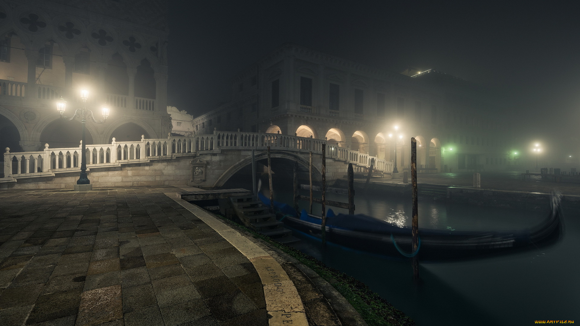 города, венеция, , италия, venezia, bridge, gondolas, lamps, night