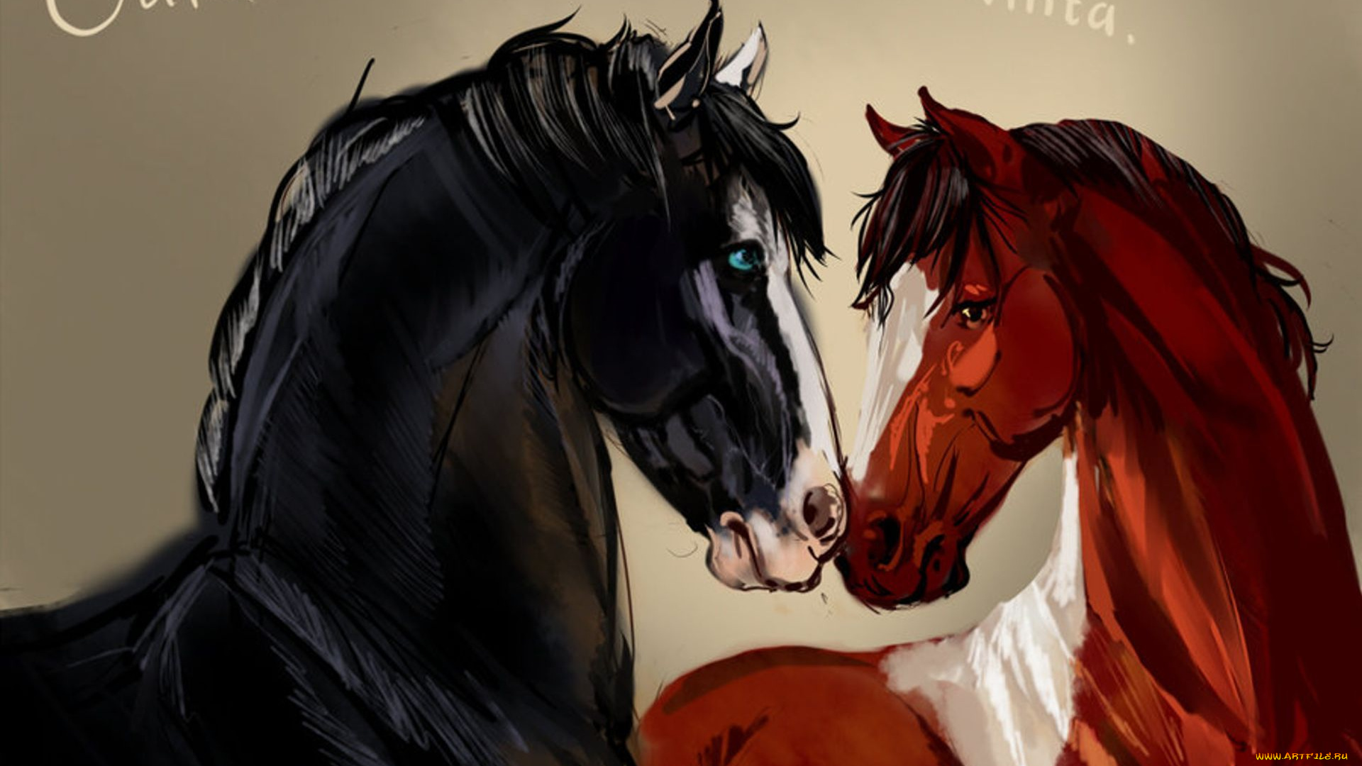 рисованное, животные, , лошади, вороной, пара, любовь, кони, гнедая, лошади