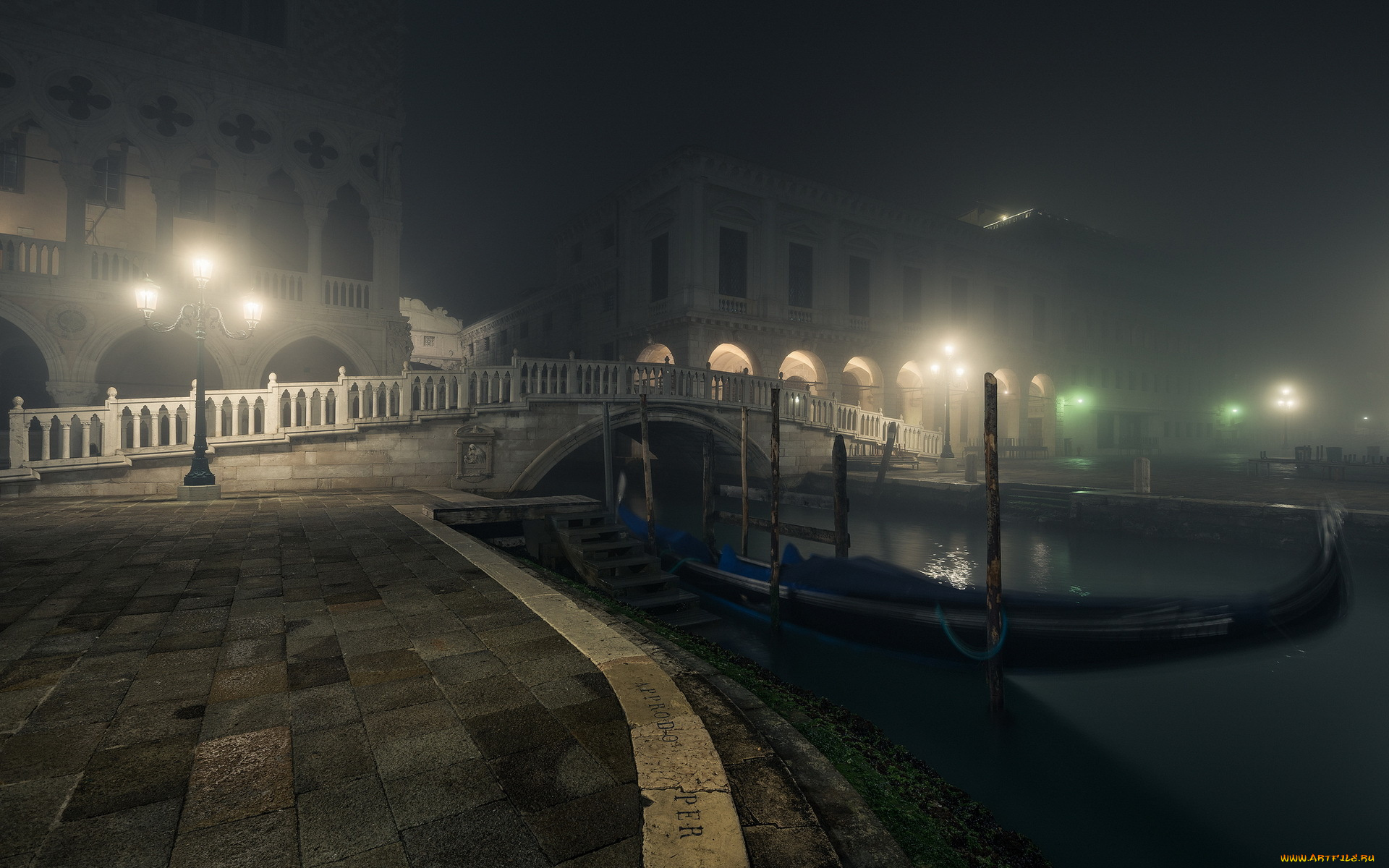 города, венеция, , италия, venezia, bridge, gondolas, lamps, night