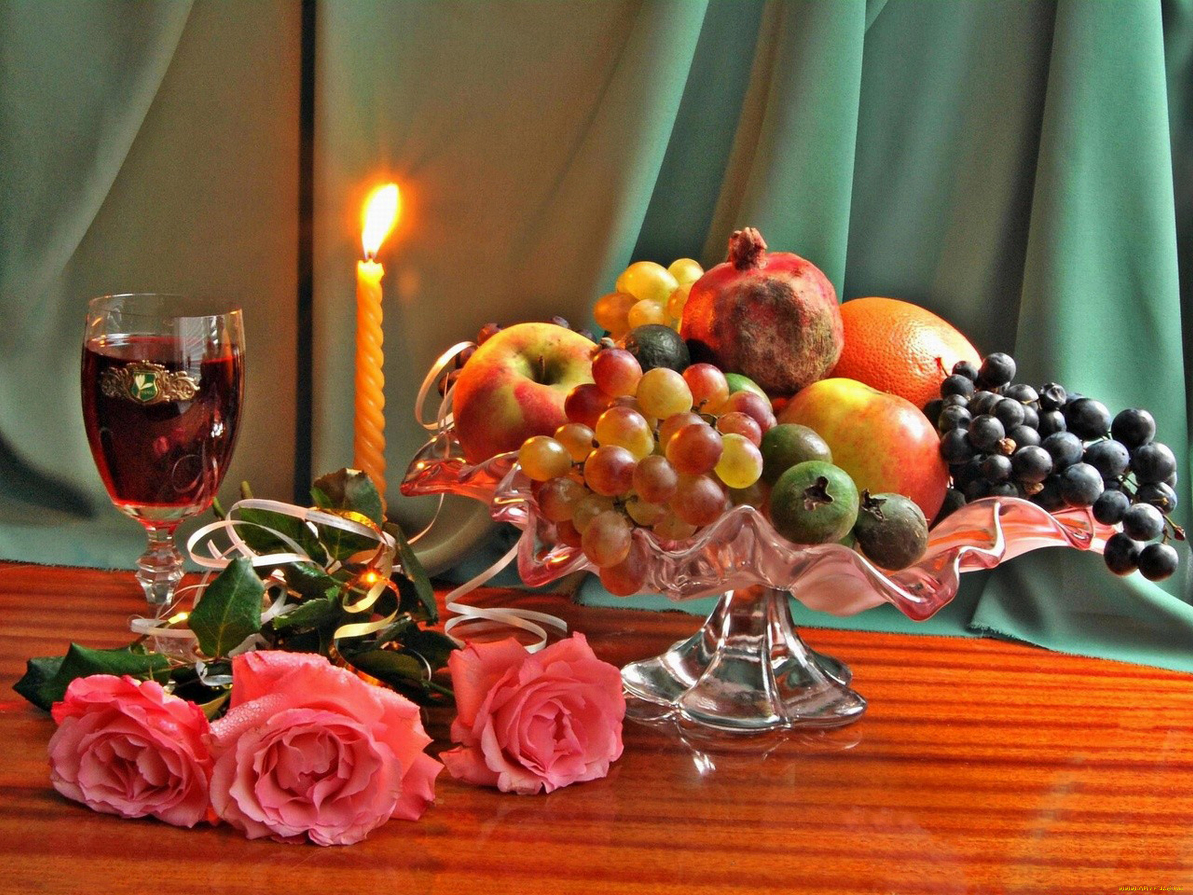 еда, фрукты, , ягоды, розы, вино, свеча, гранат, виноград, яблоки