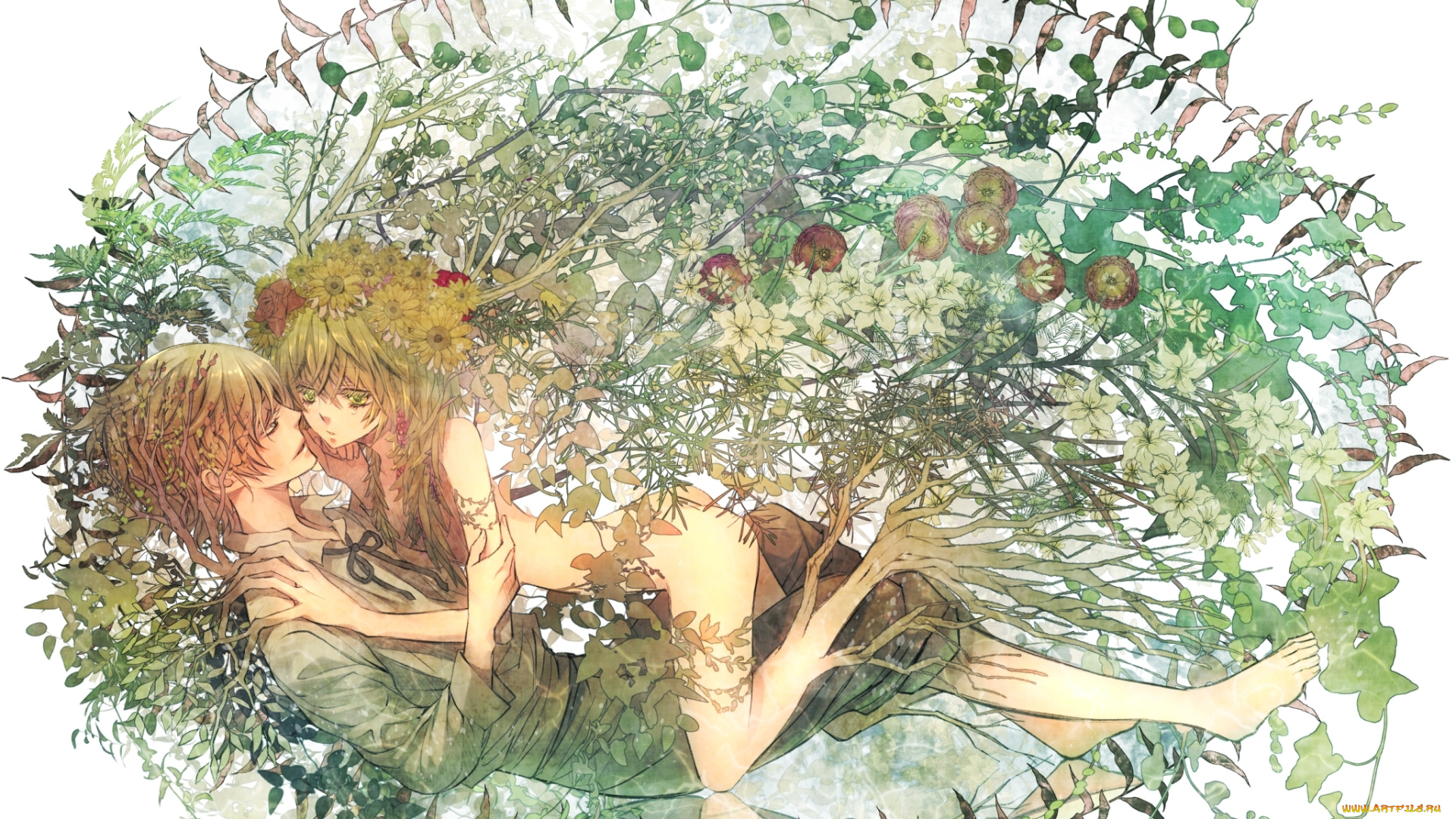 аниме, -animals, &, creatures, арт, shijuu, hachi, девушка, парень, листья, цветы, слезы