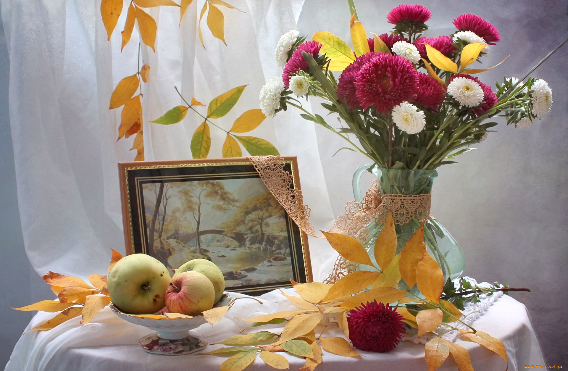 еда, Яблоки, букет, астры, картина, листья, осень, яблоки, натюрморт