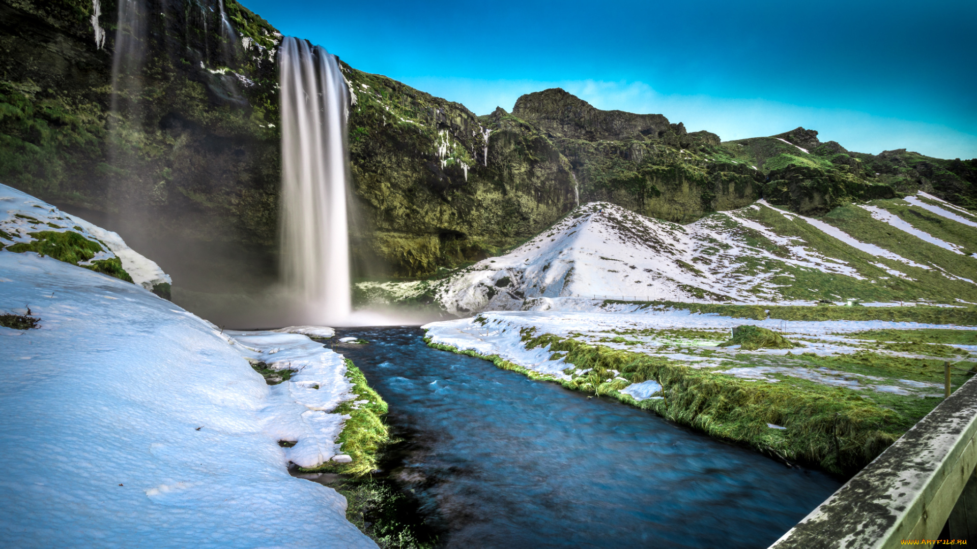 природа, водопады, seljalandsfoss, waterfall, мост, снег, исландия, водопад, трава, скалы