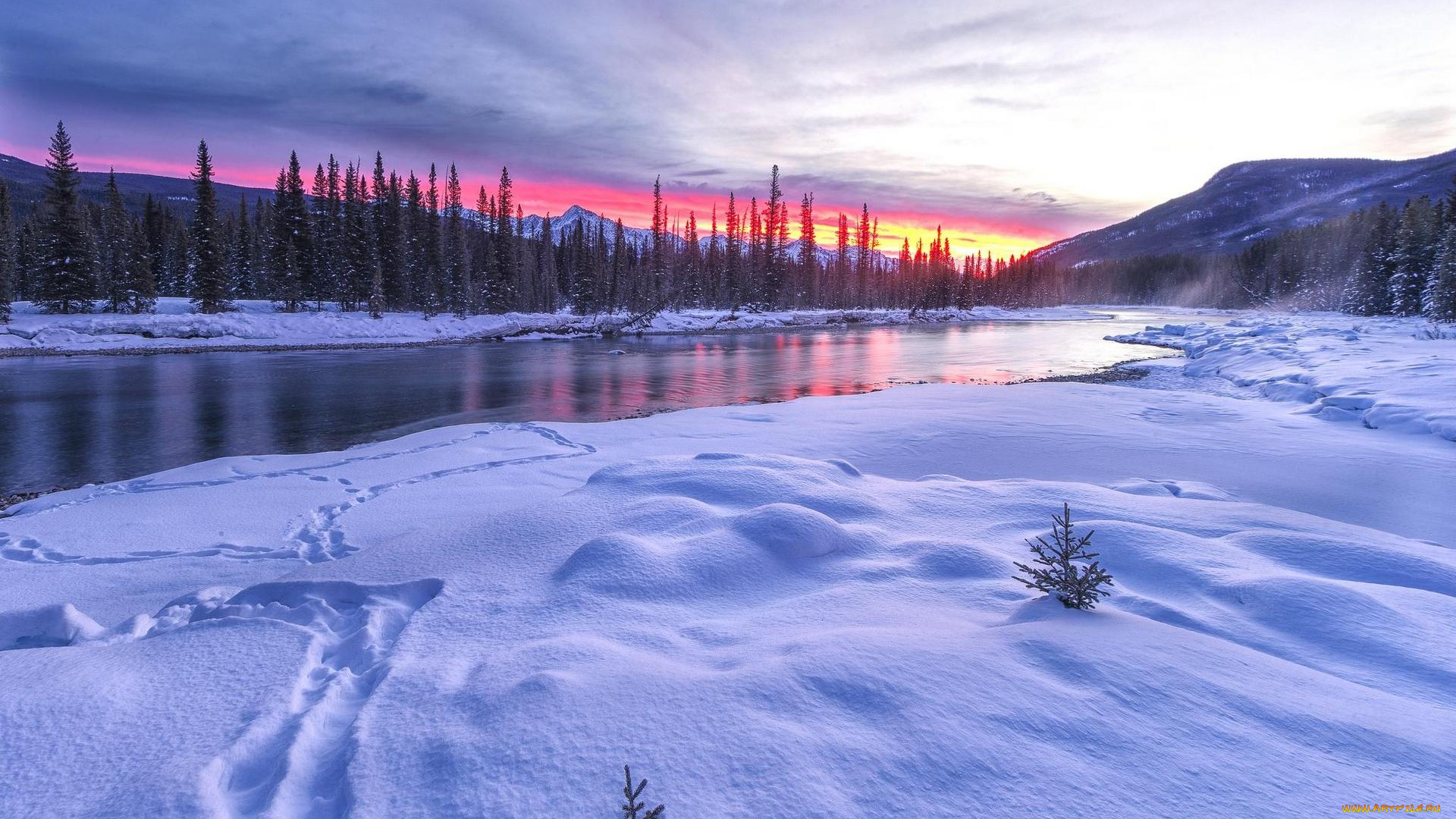 природа, зима, деревья, река, горы, закат