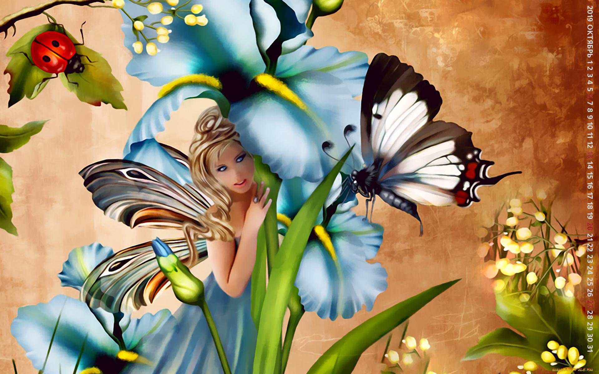 календари, фэнтези, насекомое, цветы, крылья, бабочка, девушка, 2019, calendar