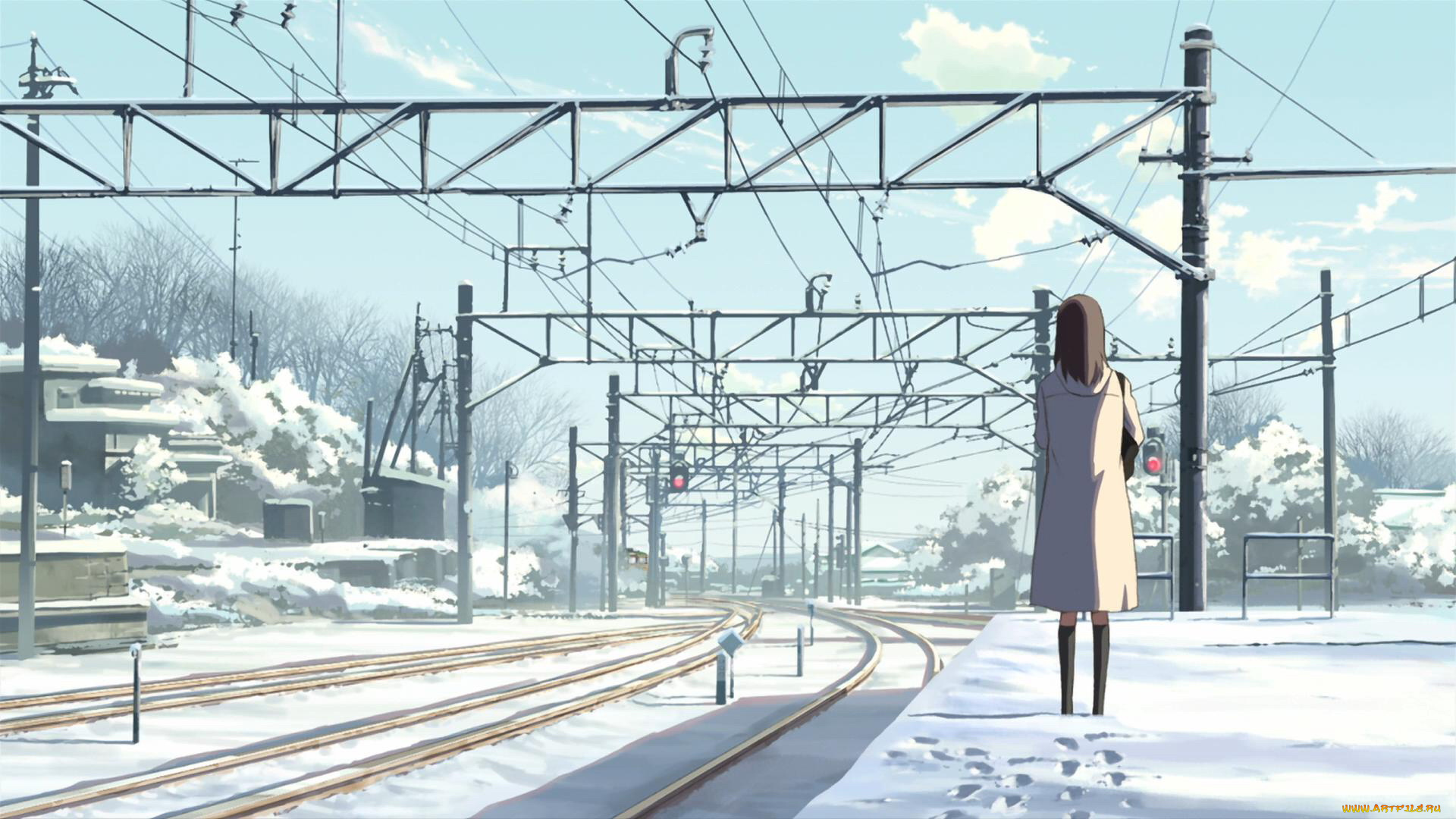 byousoku, centimeter, аниме, рельсы, девушка, снег, зима