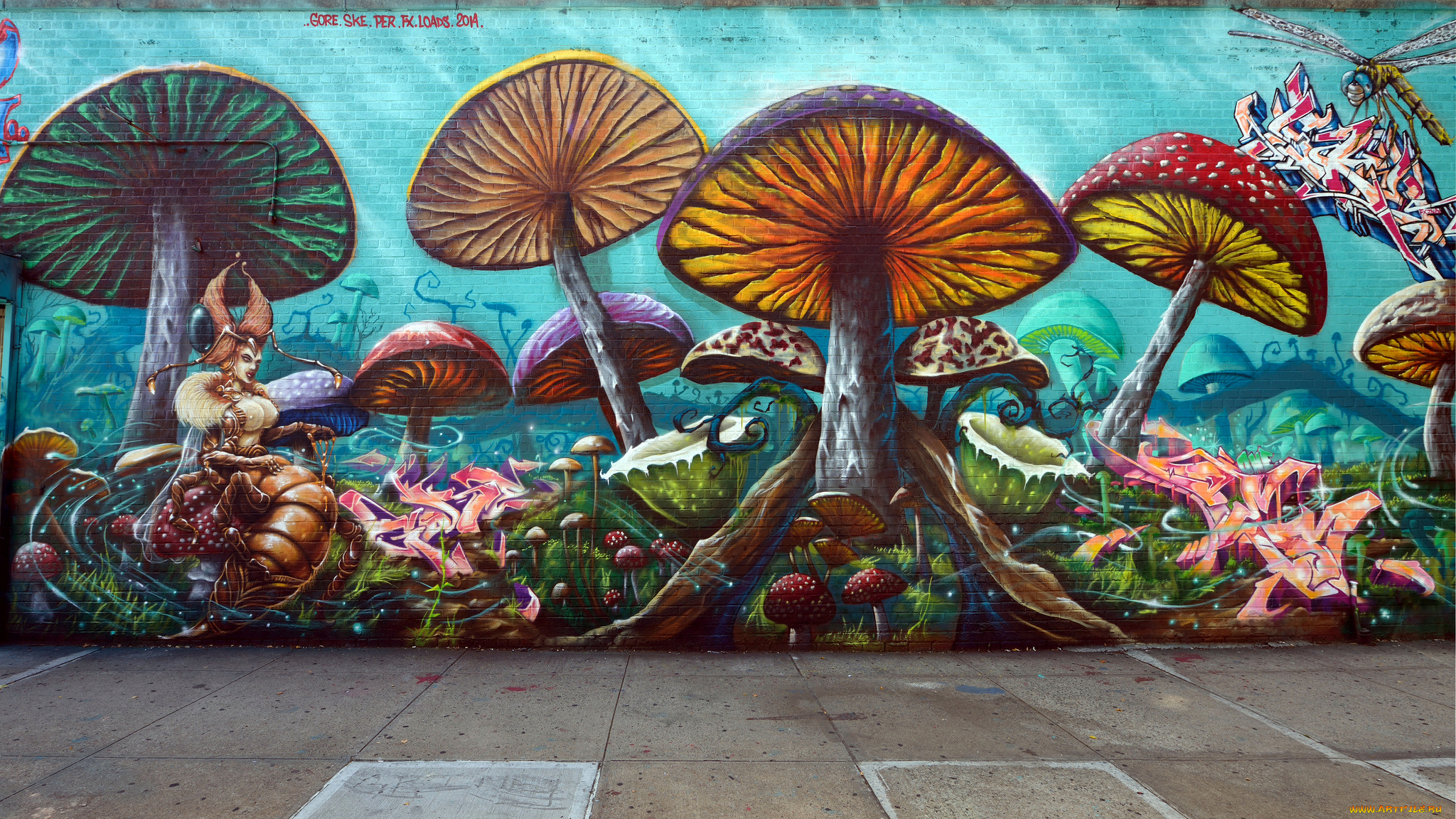 разное, граффити, грибы, рисунок, стена, существа