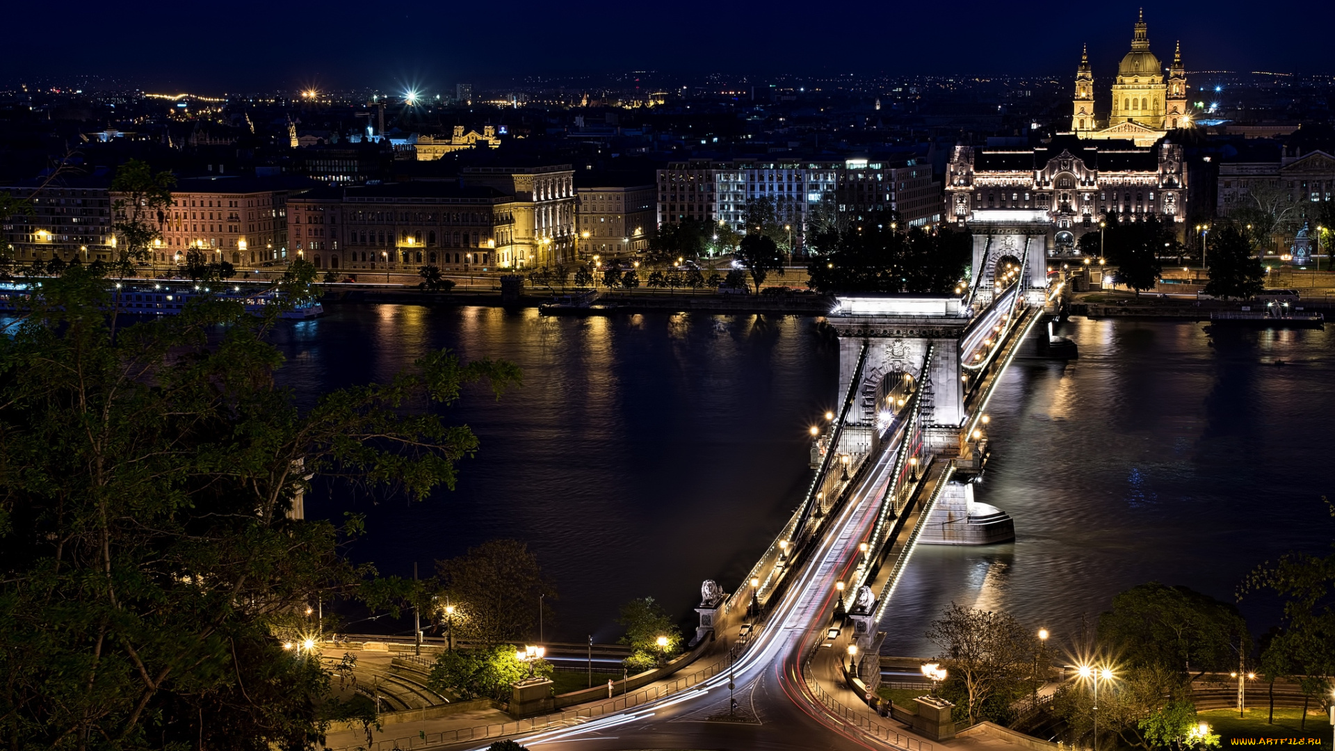 города, будапешт, , венгрия, ночь, река, мост