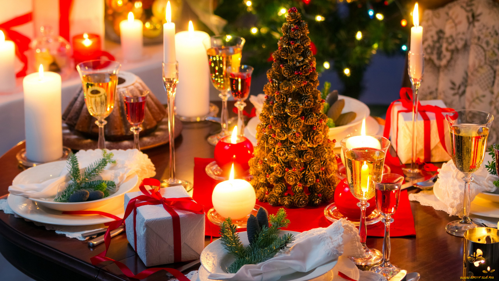 праздничные, угощения, свечи, подарки, елка, шампанское, сервировка