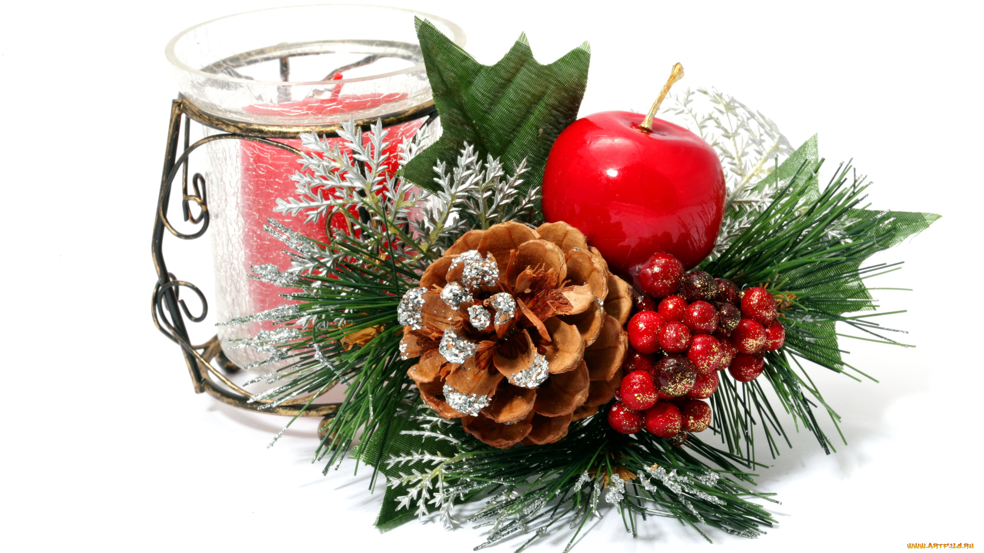 праздничные, украшения, ягоды, шишка, свеча