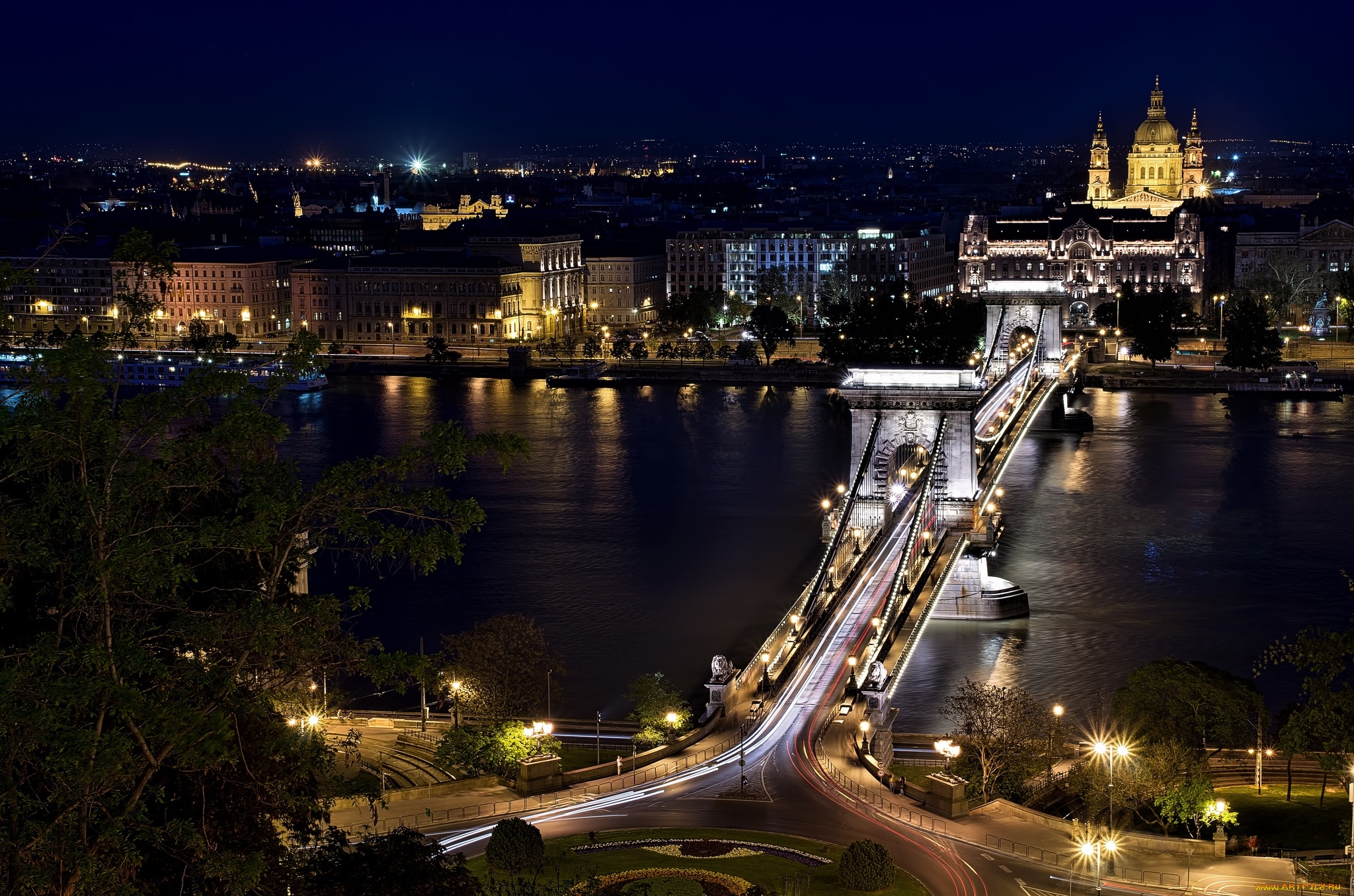 города, будапешт, , венгрия, ночь, река, мост