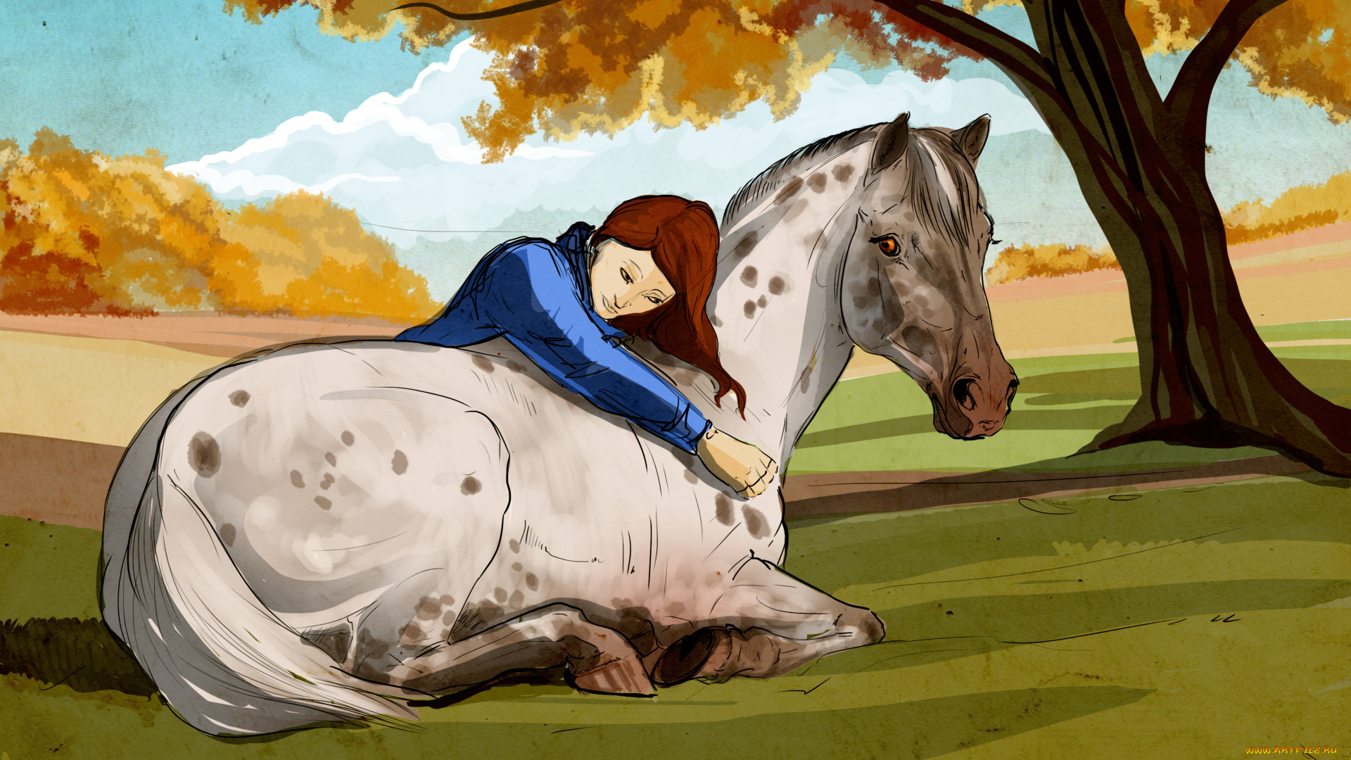 рисованное, животные, , лошади, лошадь, девочка