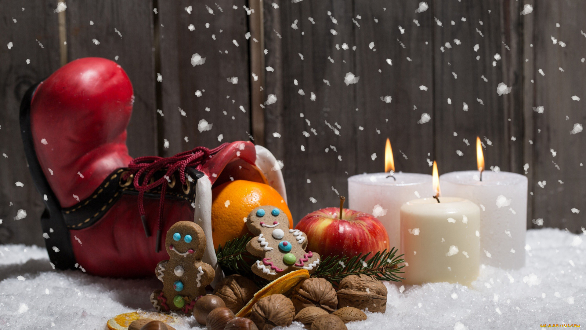 праздничные, -, разное, , новый, год, пряник, снег, сапог, свечи, орехи
