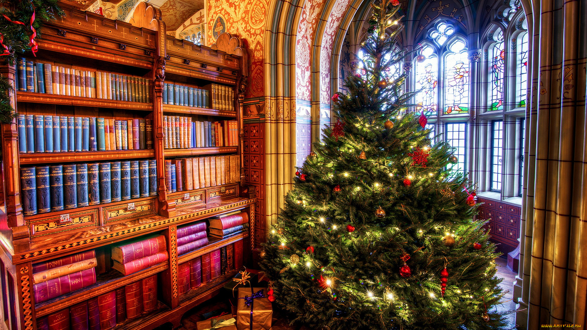 праздничные, Ёлки, подарки, елка, книги, библиотека
