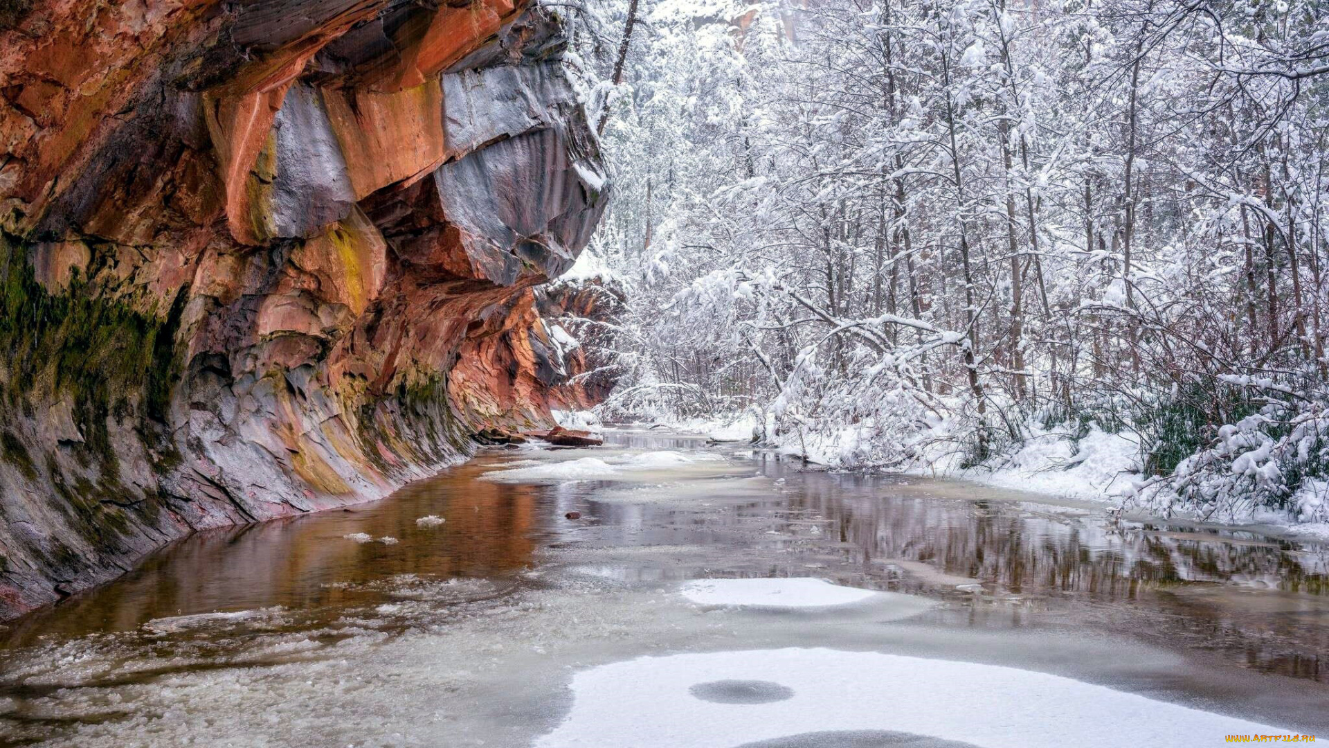 природа, зима, река, снег, иней