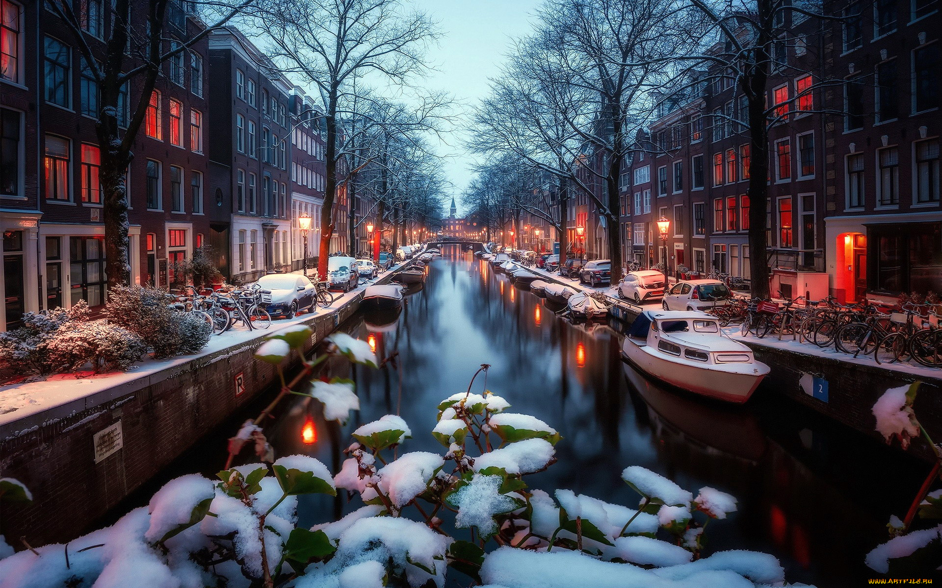 города, амстердам, , нидерланды, вечер, снег, зима, лодки, канал