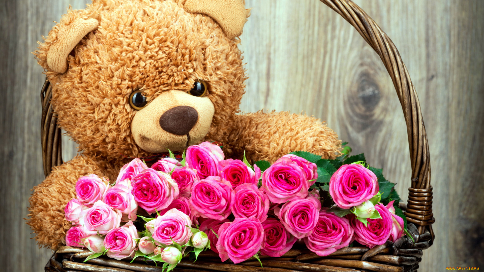цветы, розы, розовый, медвежонок, корзинка