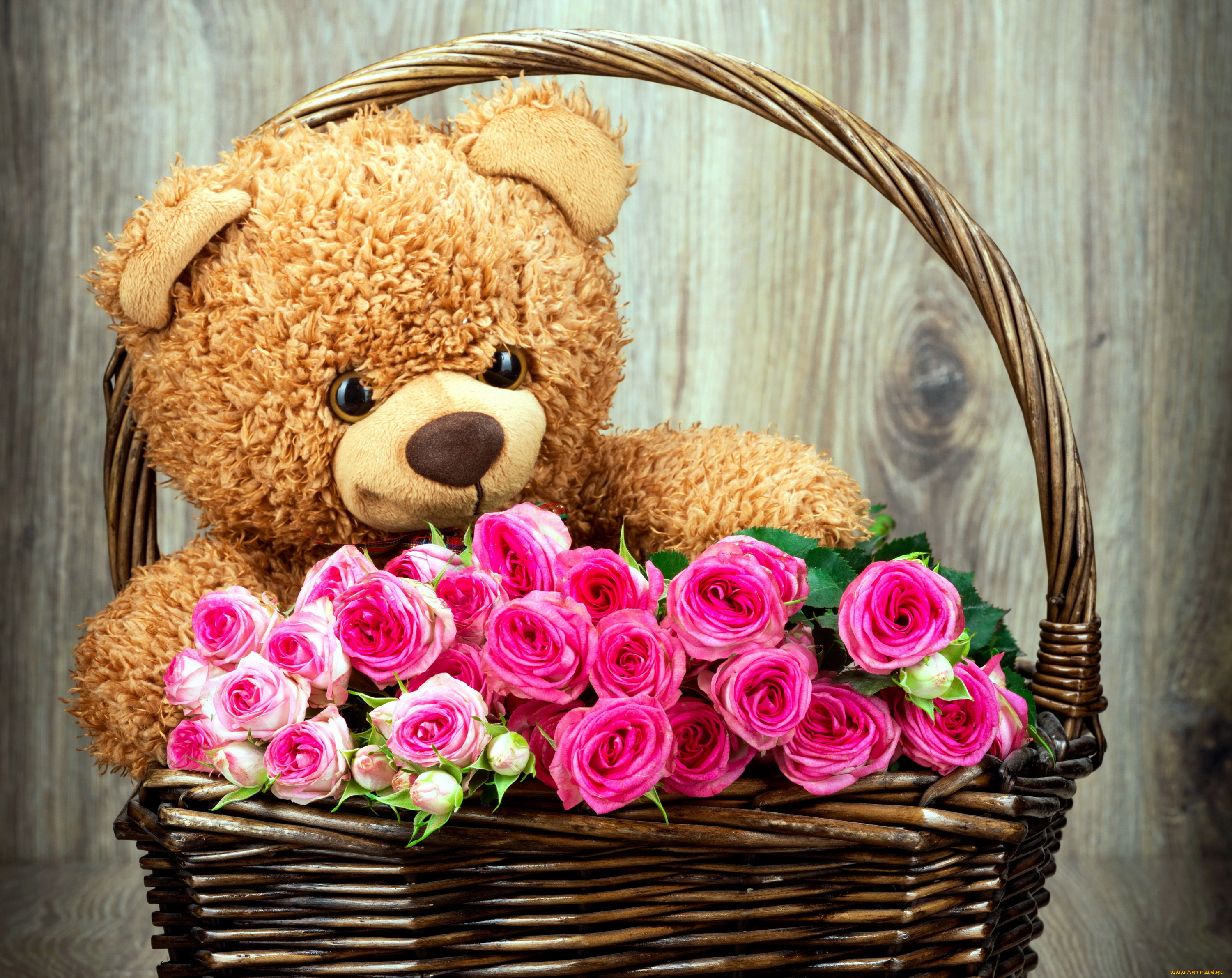 цветы, розы, розовый, медвежонок, корзинка