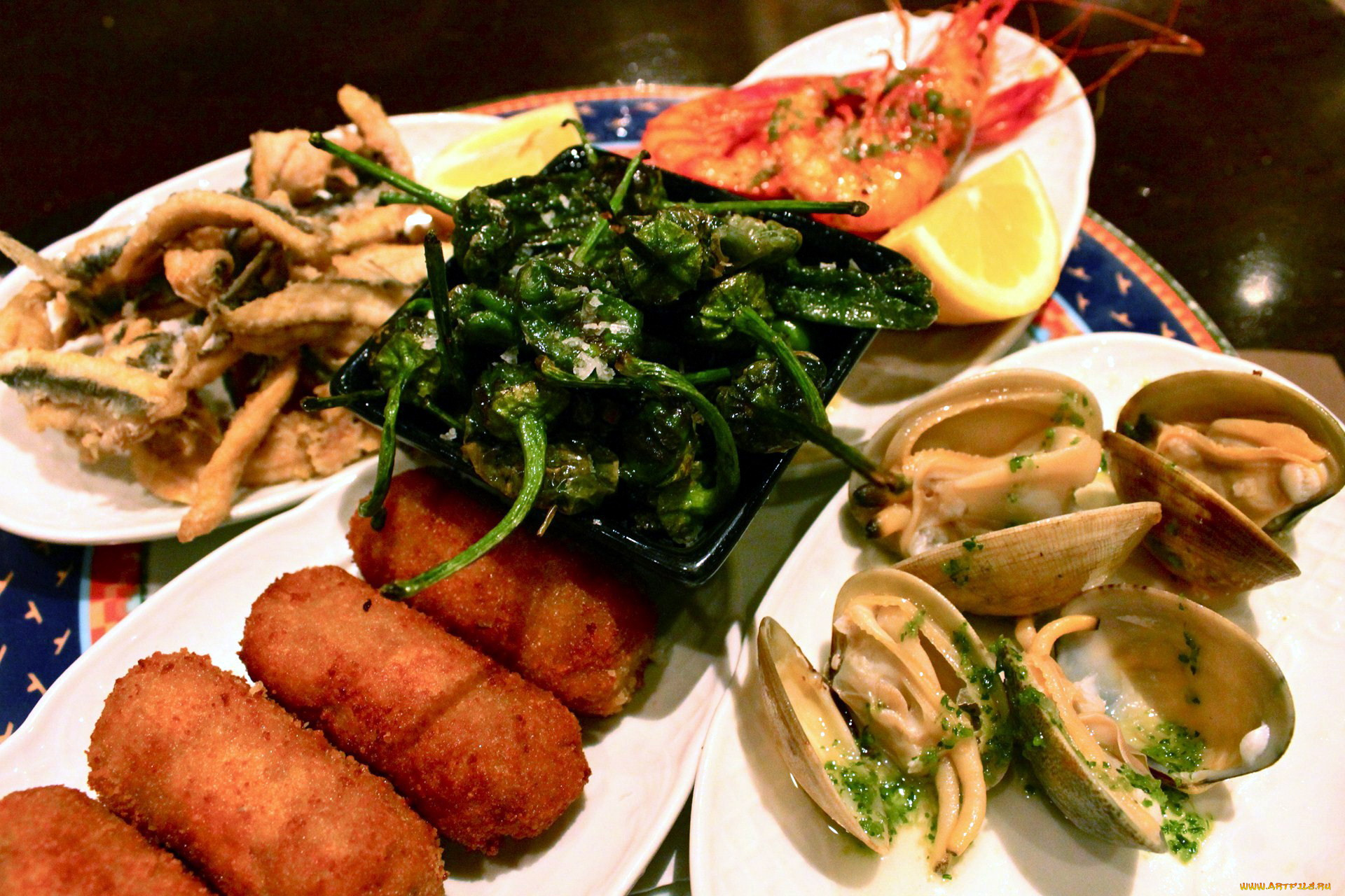 еда, рыбные, блюда, , с, морепродуктами, креветки, мидии