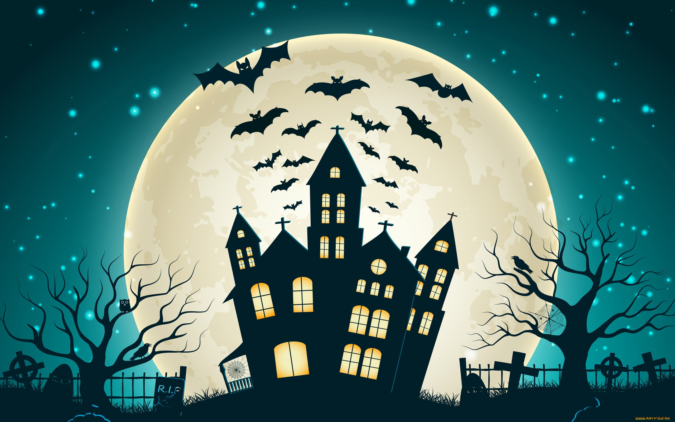 праздничные, хэллоуин, halloween, кладбище, дом, луна, мыши, ночь