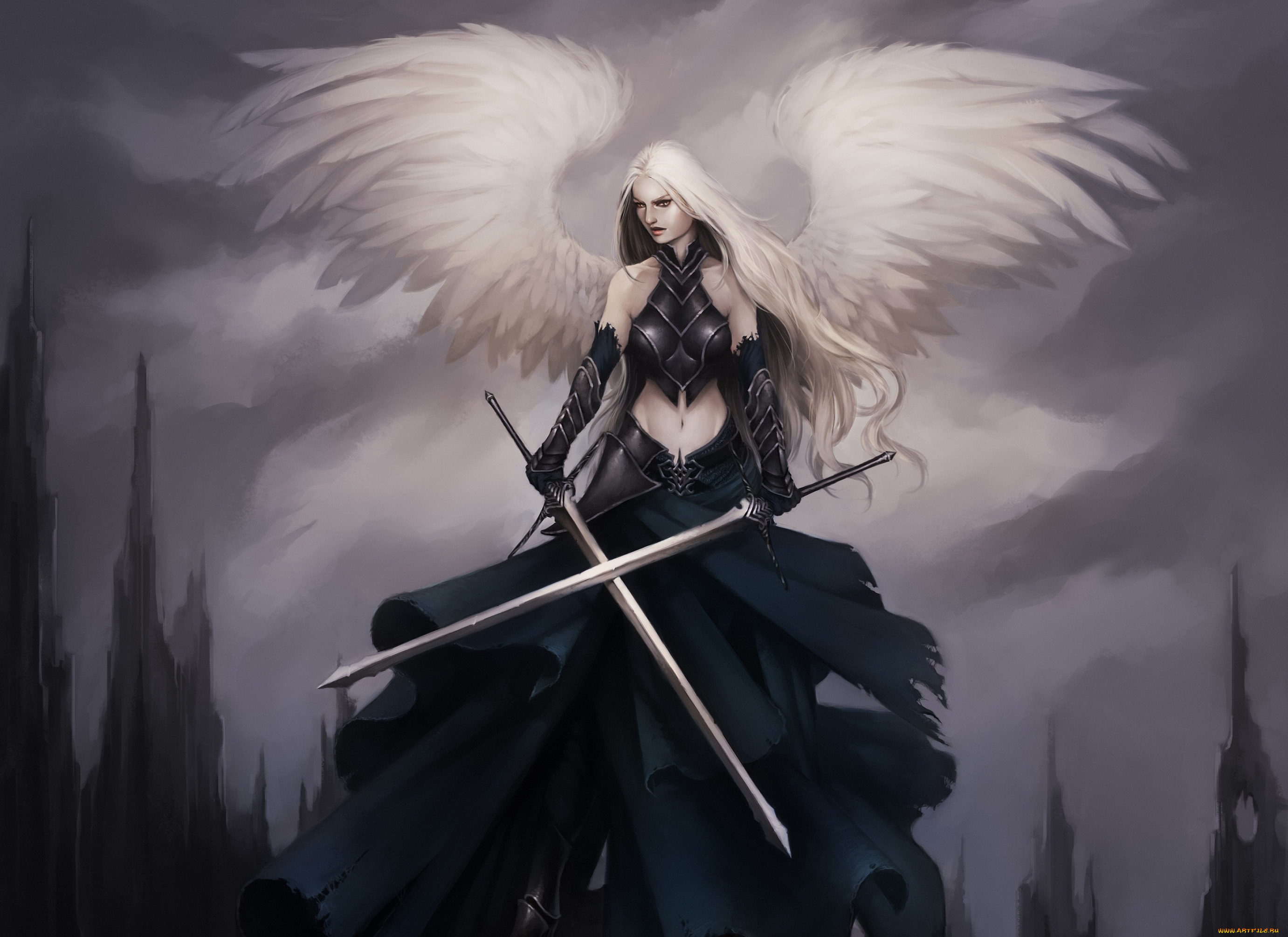 фэнтези, ангелы, броня, скалы, оружие, крылья, девушка, ангел, меч, перья