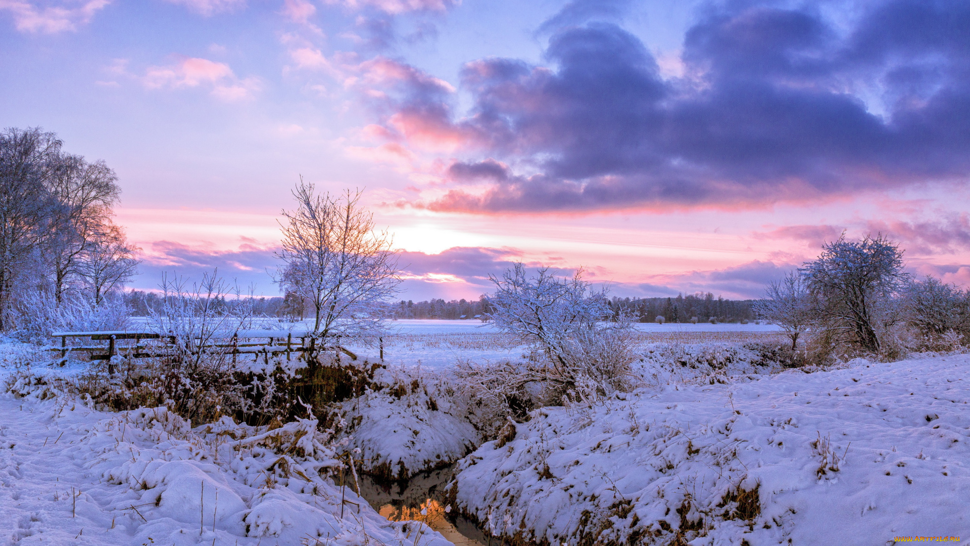 природа, зима, поле, снег, деревня, рассвет, утро, деревья, речка, мост