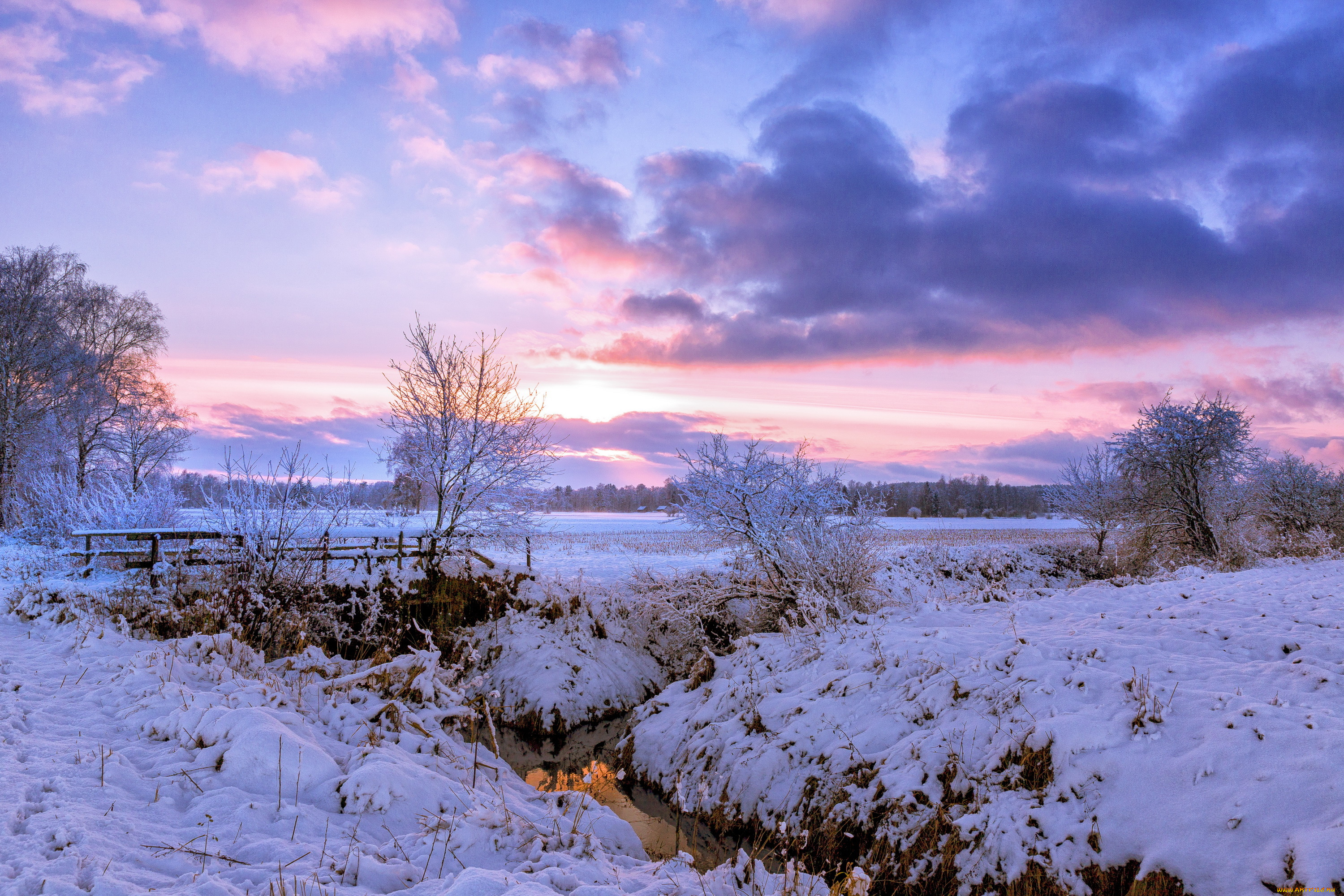 природа, зима, поле, снег, деревня, рассвет, утро, деревья, речка, мост