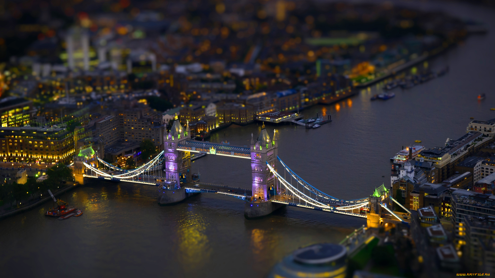 лондон, города, лондон, , великобритания, вечер, огни, мост, вид, сверху, темза