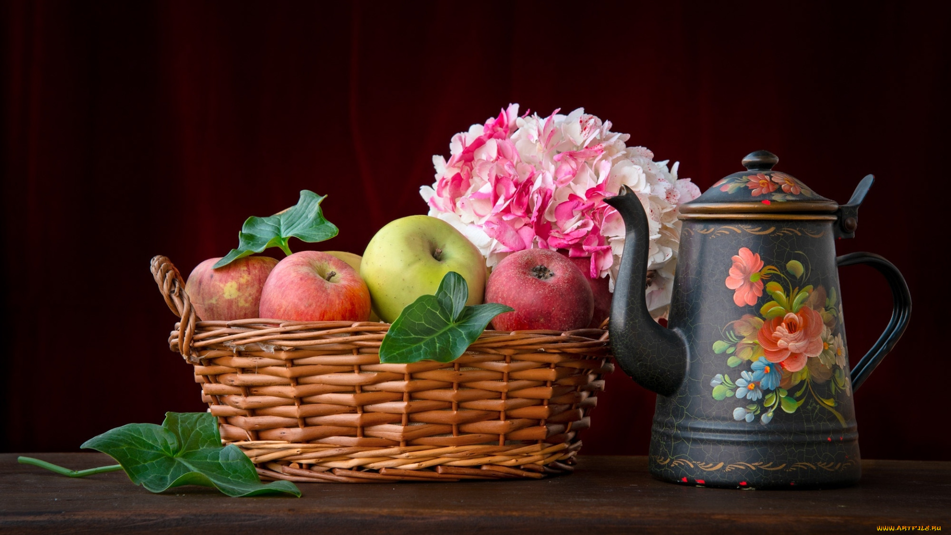 еда, яблоки, чайник, корзинка, цветы