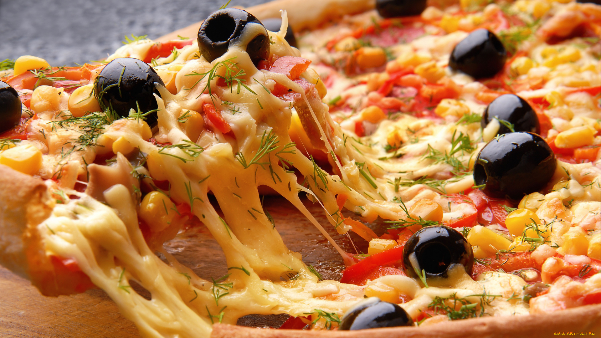 еда, пицца, кукуруза, оливки, сыр, паприка