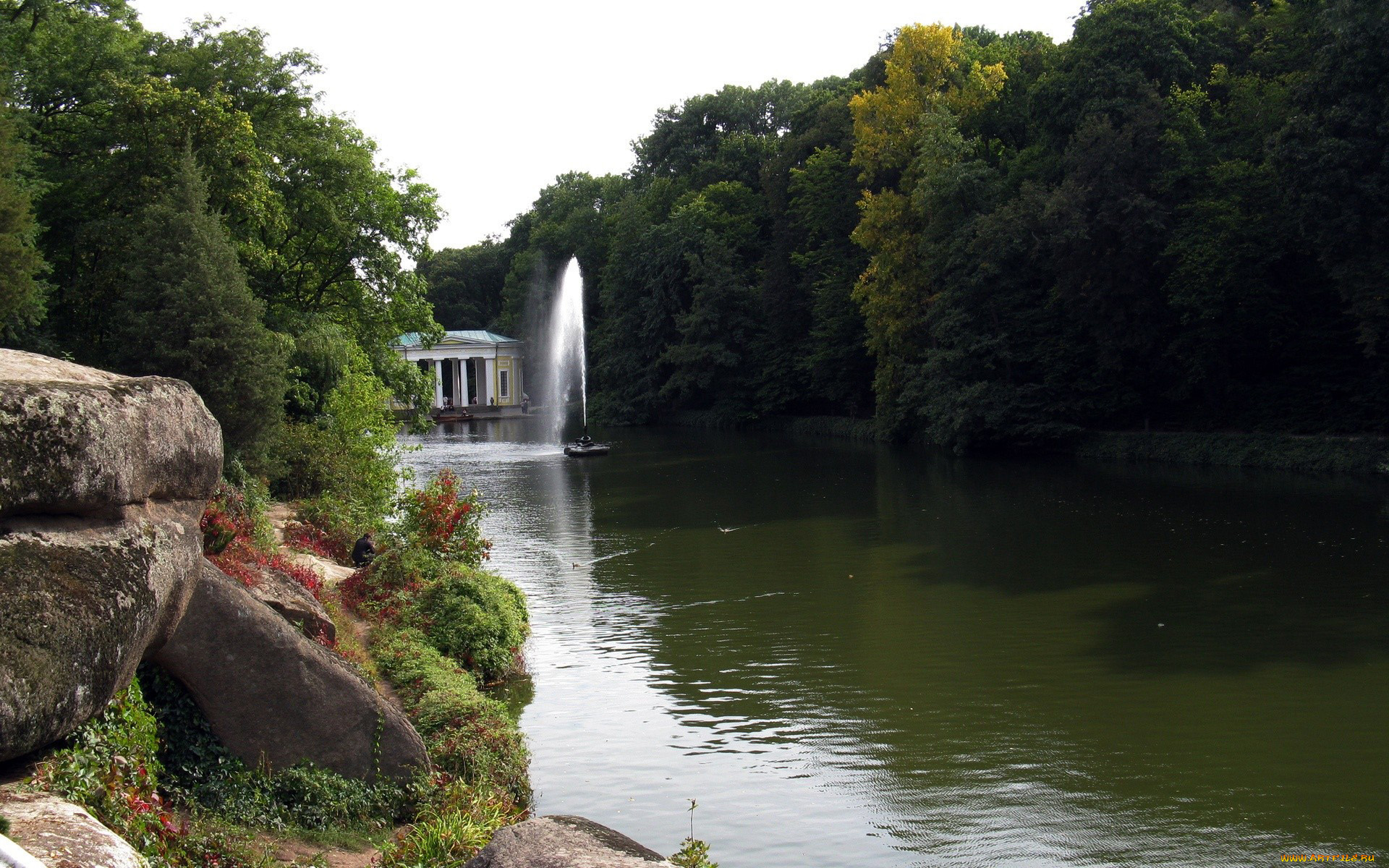 природа, парк, река, фонтан, камни