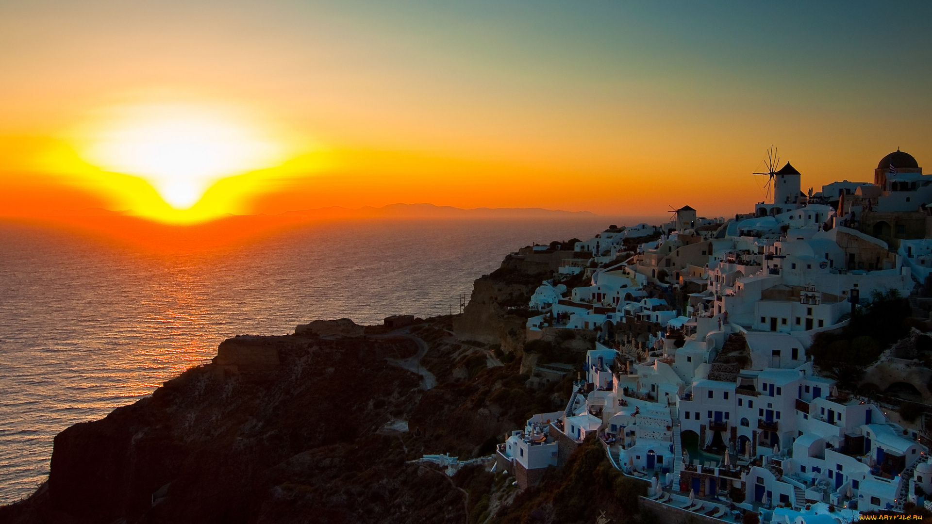 oia, santorini, greece, города, санторини, греция, пейзаж, ия, эгейское, море, закат, побережье