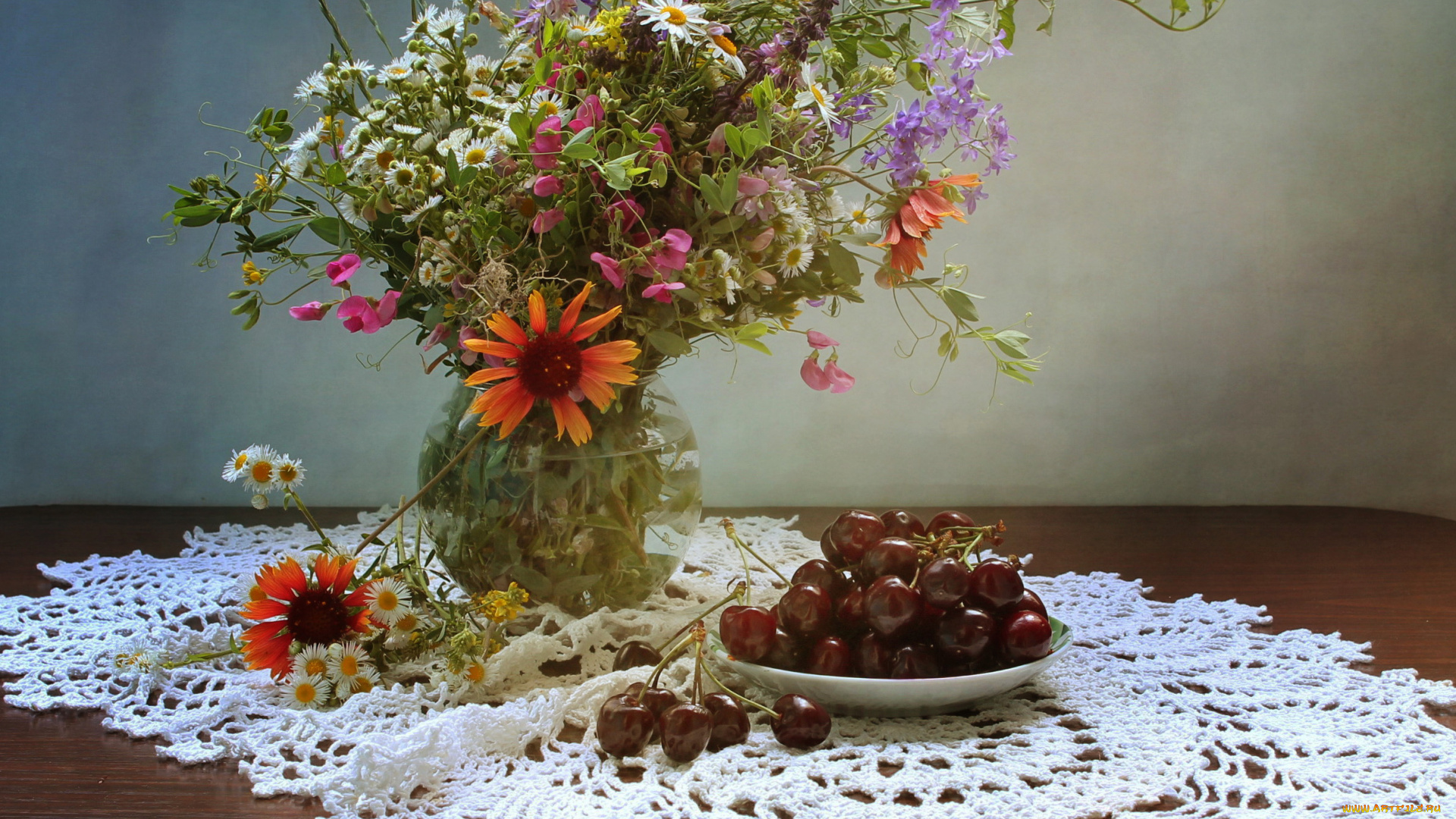 еда, натюрморт, цветы, вишня