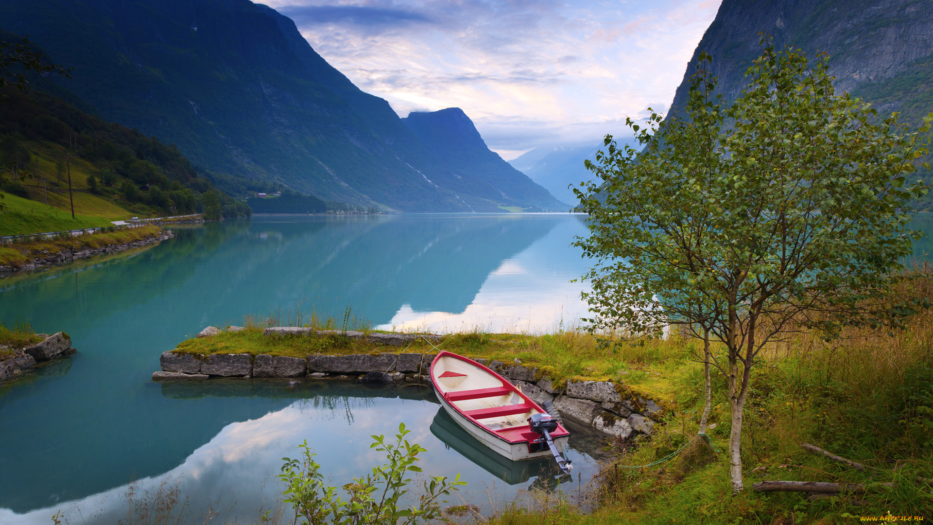 корабли, лодки, шлюпки, озеро, лодка, norway, норвегия, горы, берёзки, деревья, пейзаж