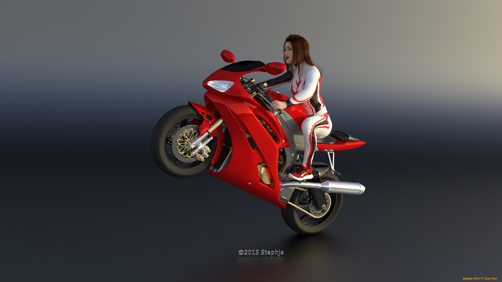 мотоциклы, 3d, мотоцикл, фон, взгляд, девушка