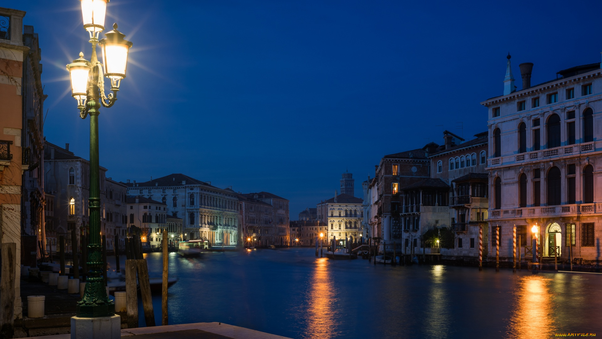 италия, города, венеция, , причал, ночь, фонари, здания, водоем