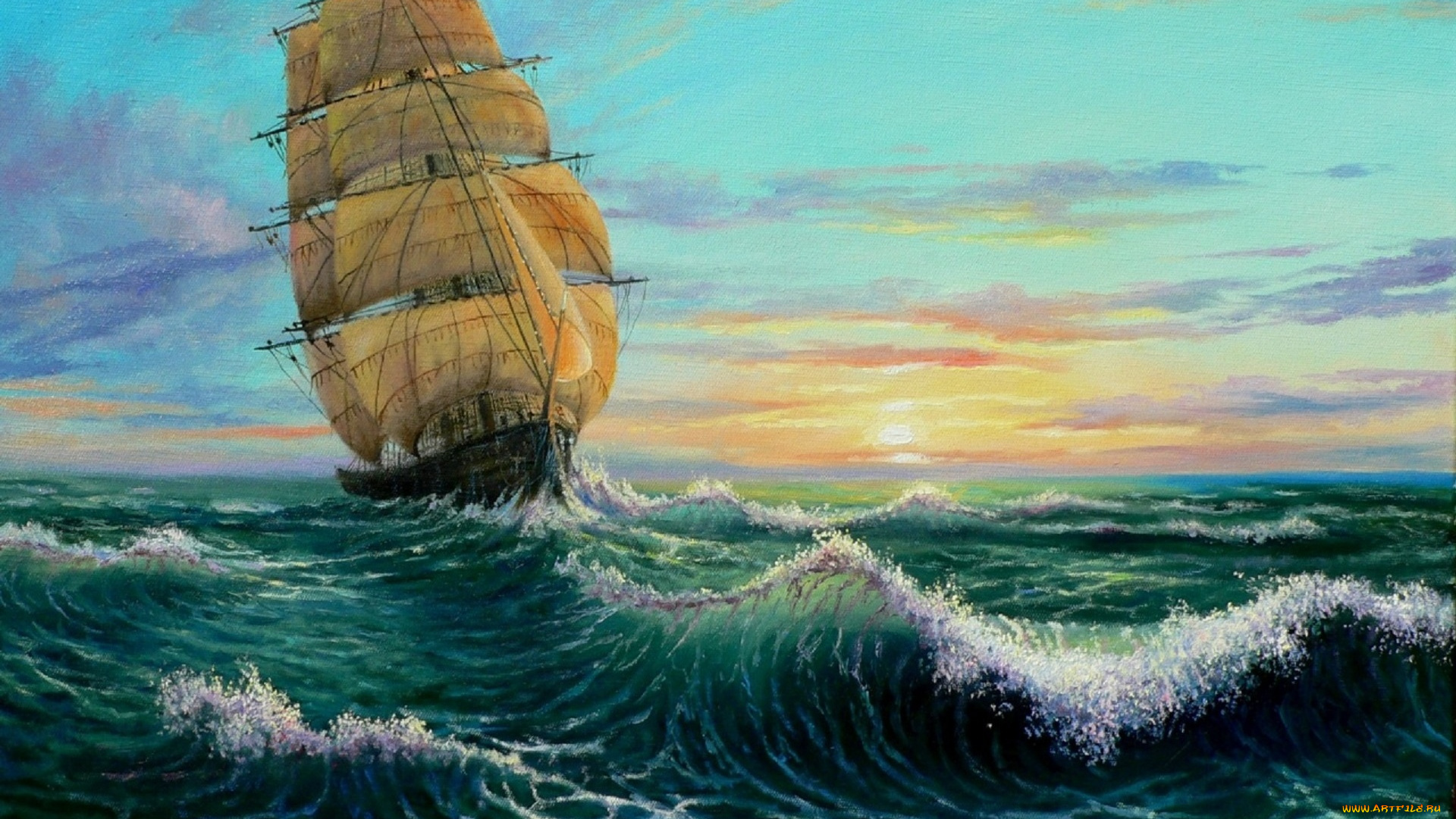 корабли, рисованные, брызги, волны, парусник, водоем, облака