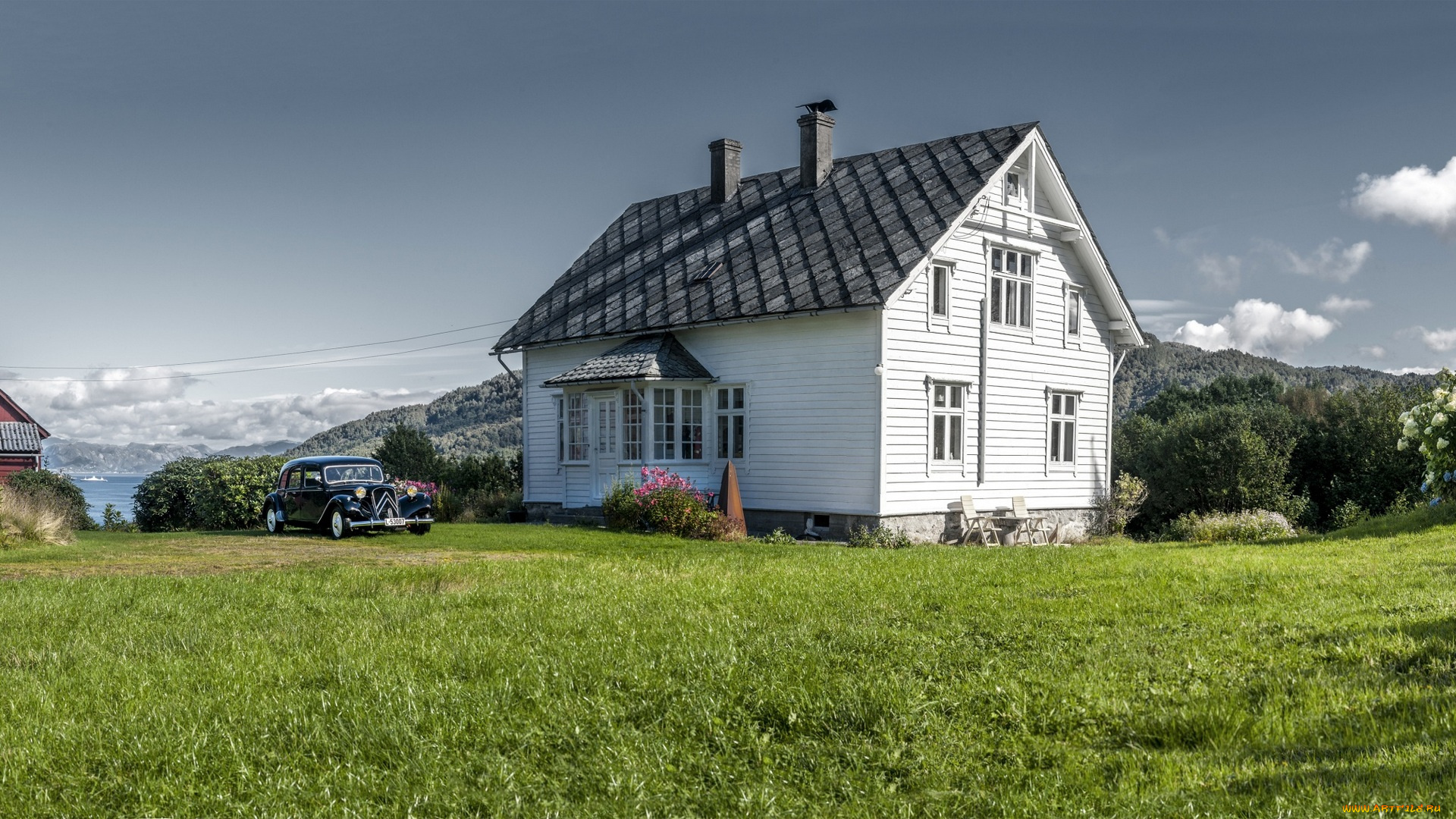 норвегия, города, -, здания, , дома, машина, трава, автомобиль, растения, деревья, цветы