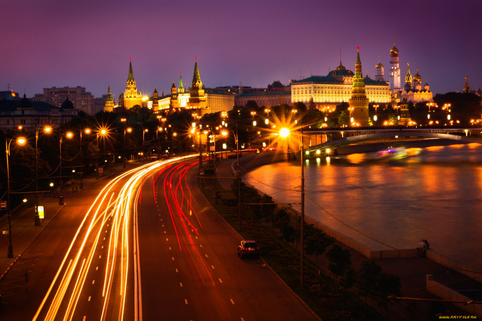 moscow, города, москва, россия, огни, мост, дорога, кремль, набережная