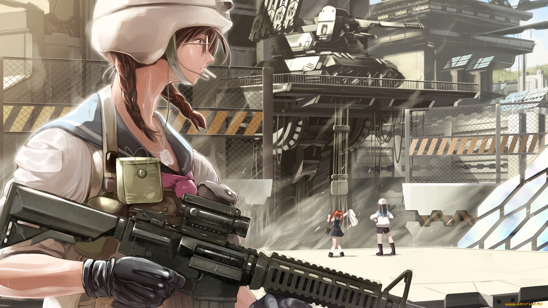 аниме, weapon, blood, technology, военная, автомат, каска, база, девушки, очки, форма