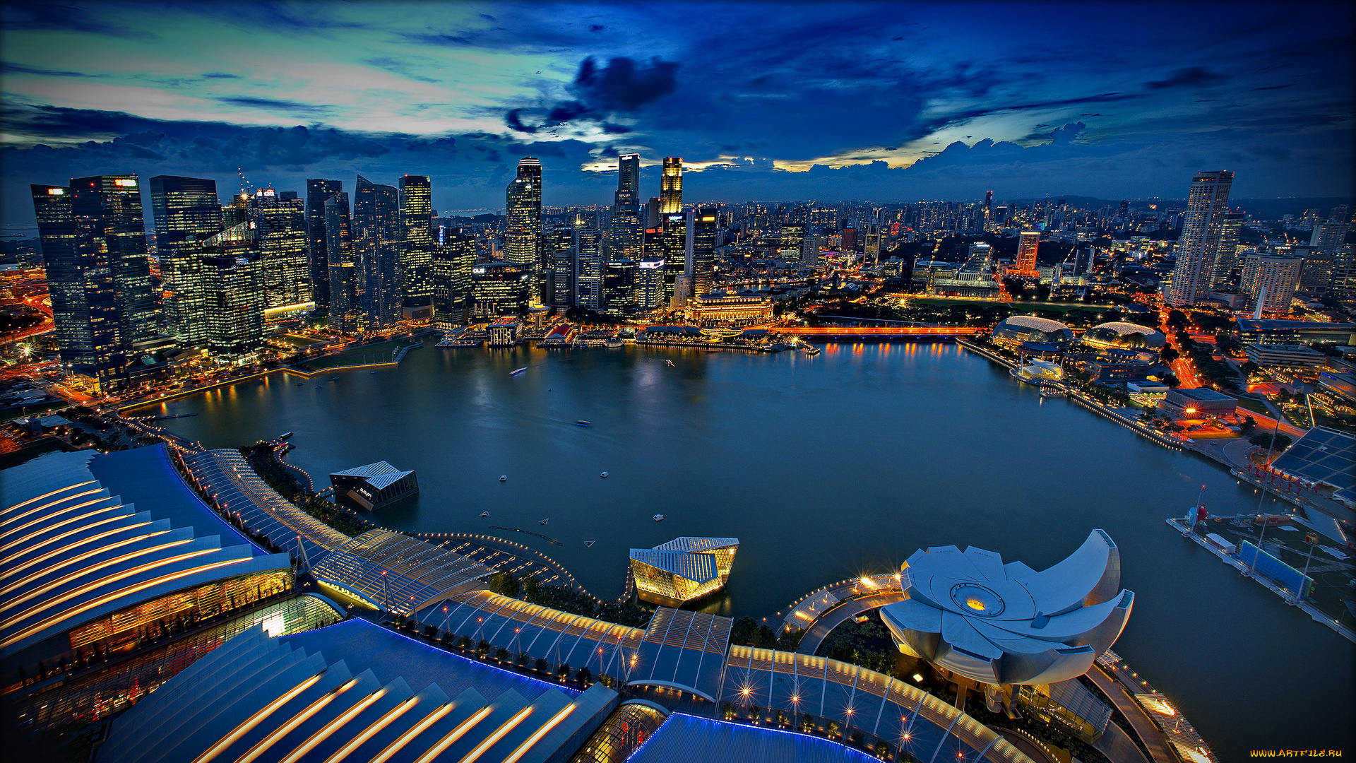 сингапур, города, ночь, дома, огни, река