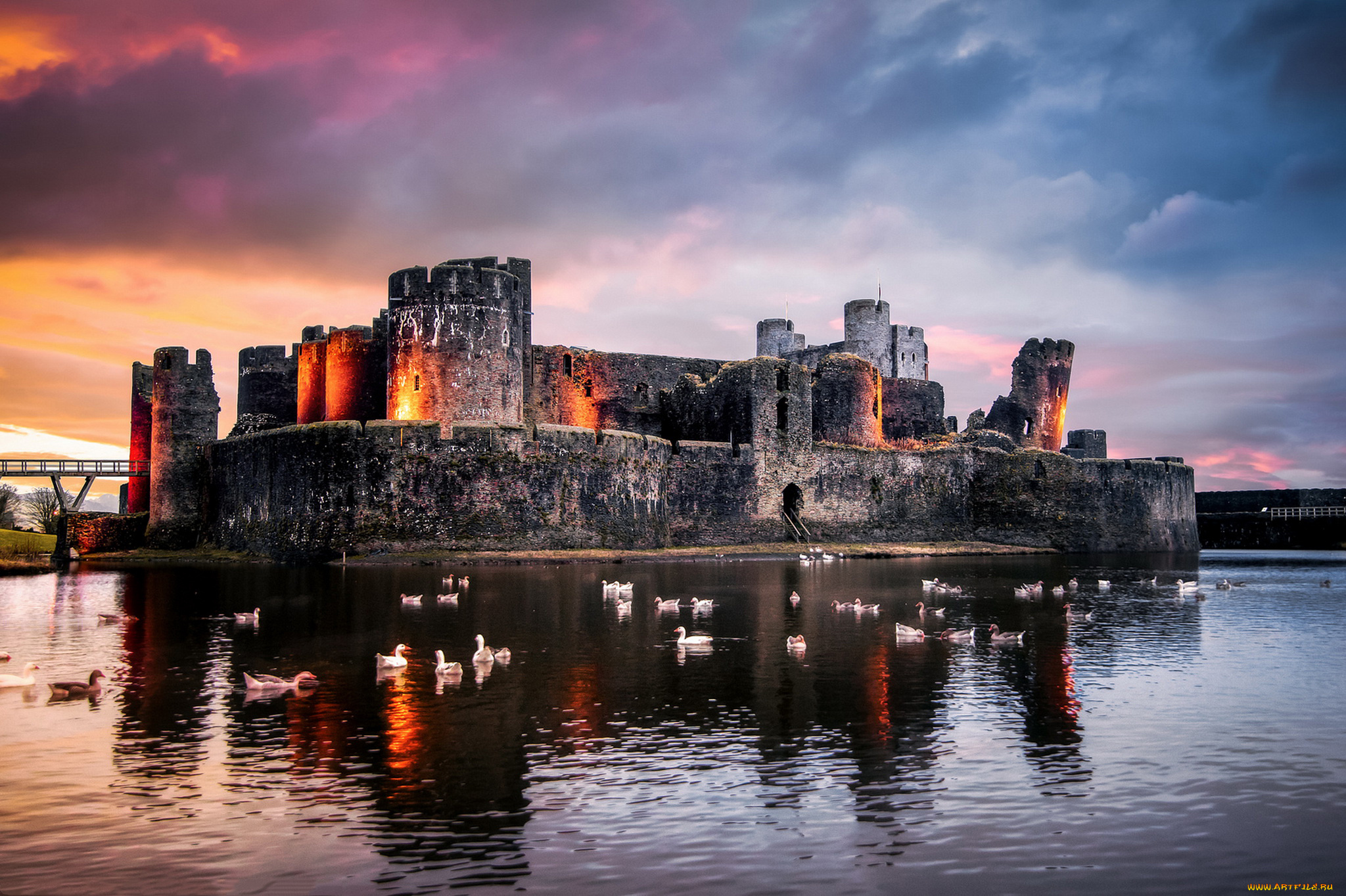 города, дворцы, замки, крепости, отражение, крепость, озеро, caerphilly, castle