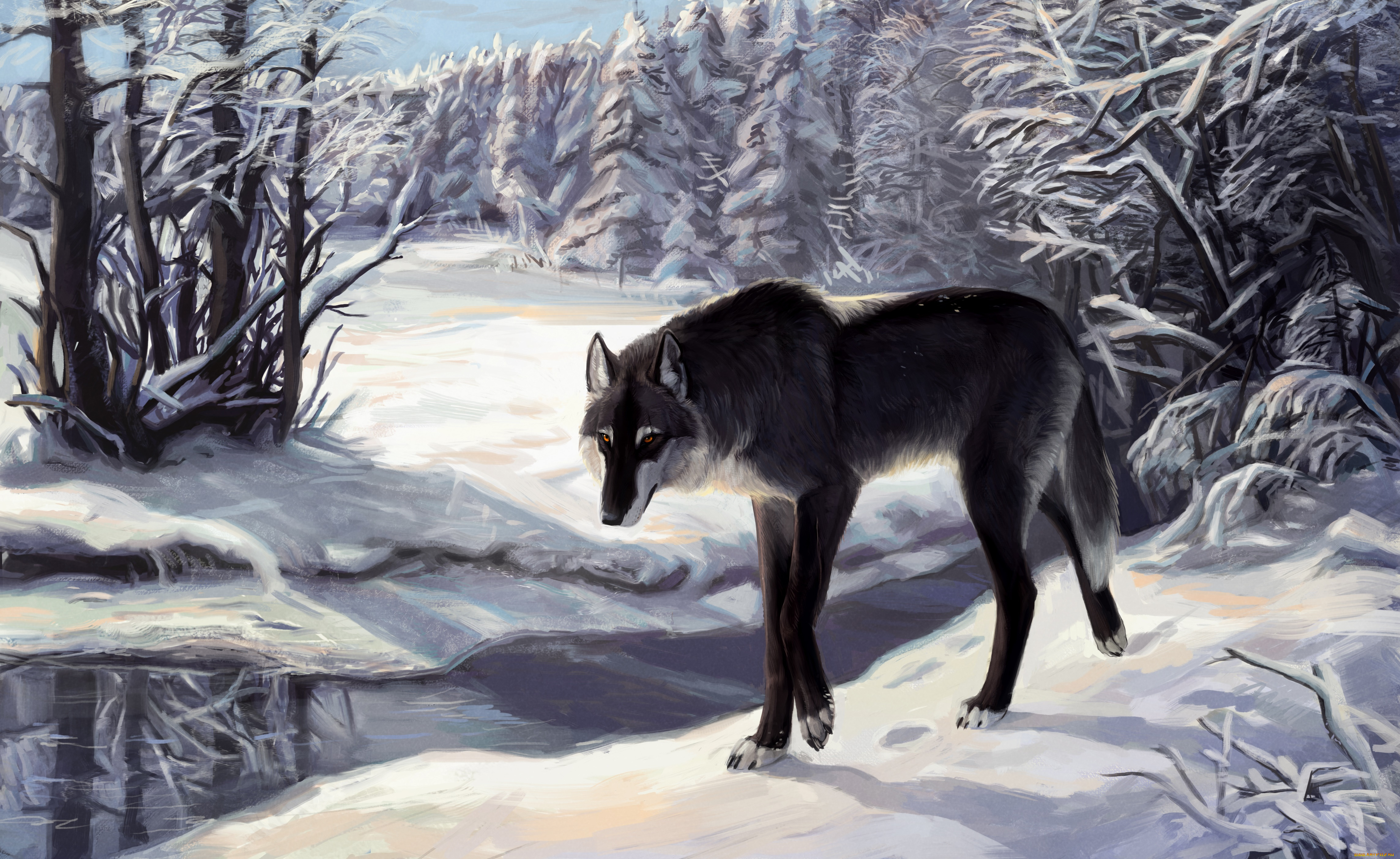 рисованное, животные, , волки, лес, снег, река, волк