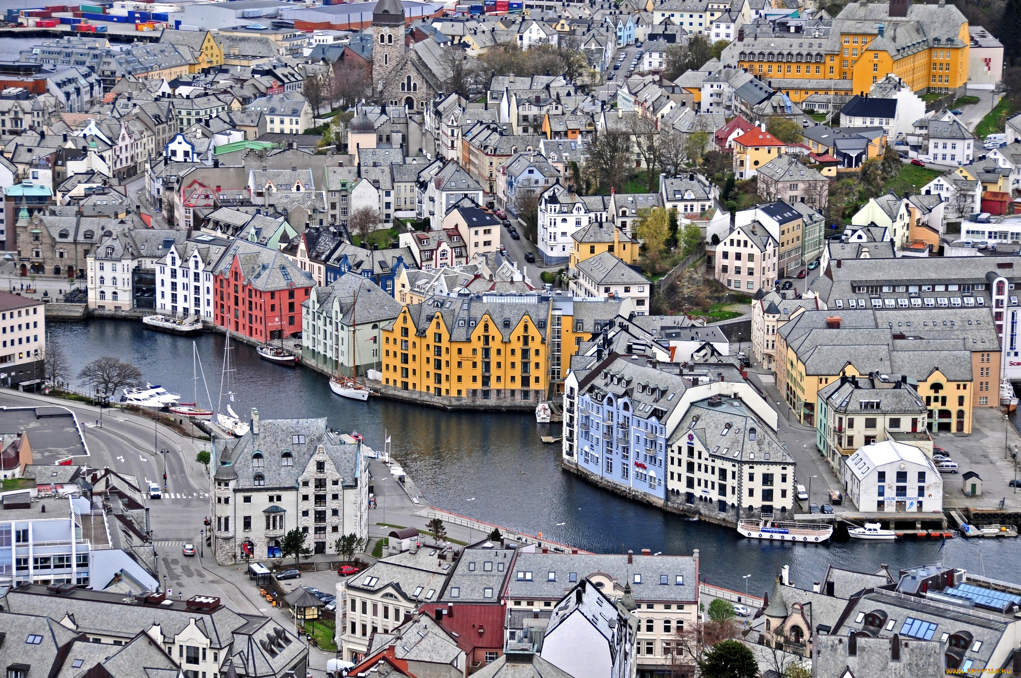 норвегия, города, панорамы, муравейник, дома, река, alesund, norway