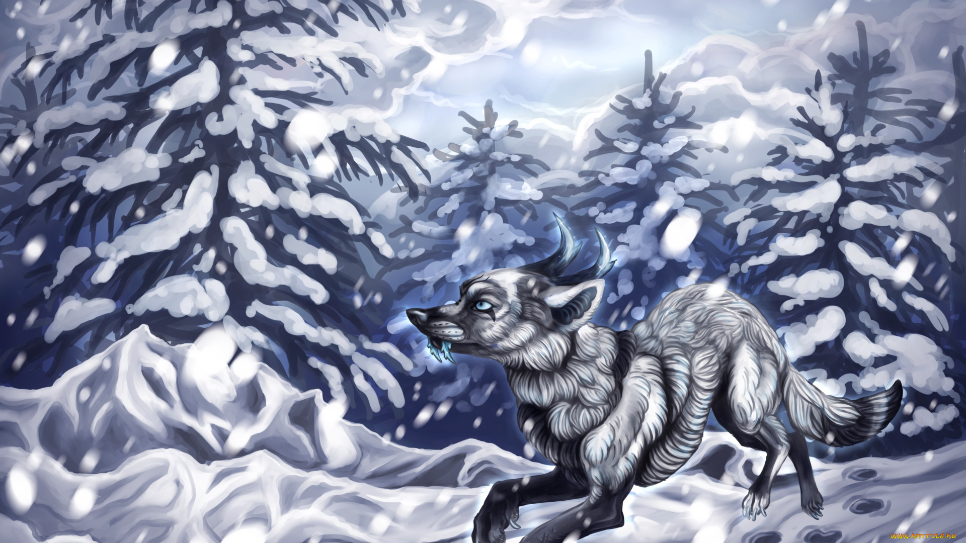 рисованное, животные, , волки, волк, снег, лес