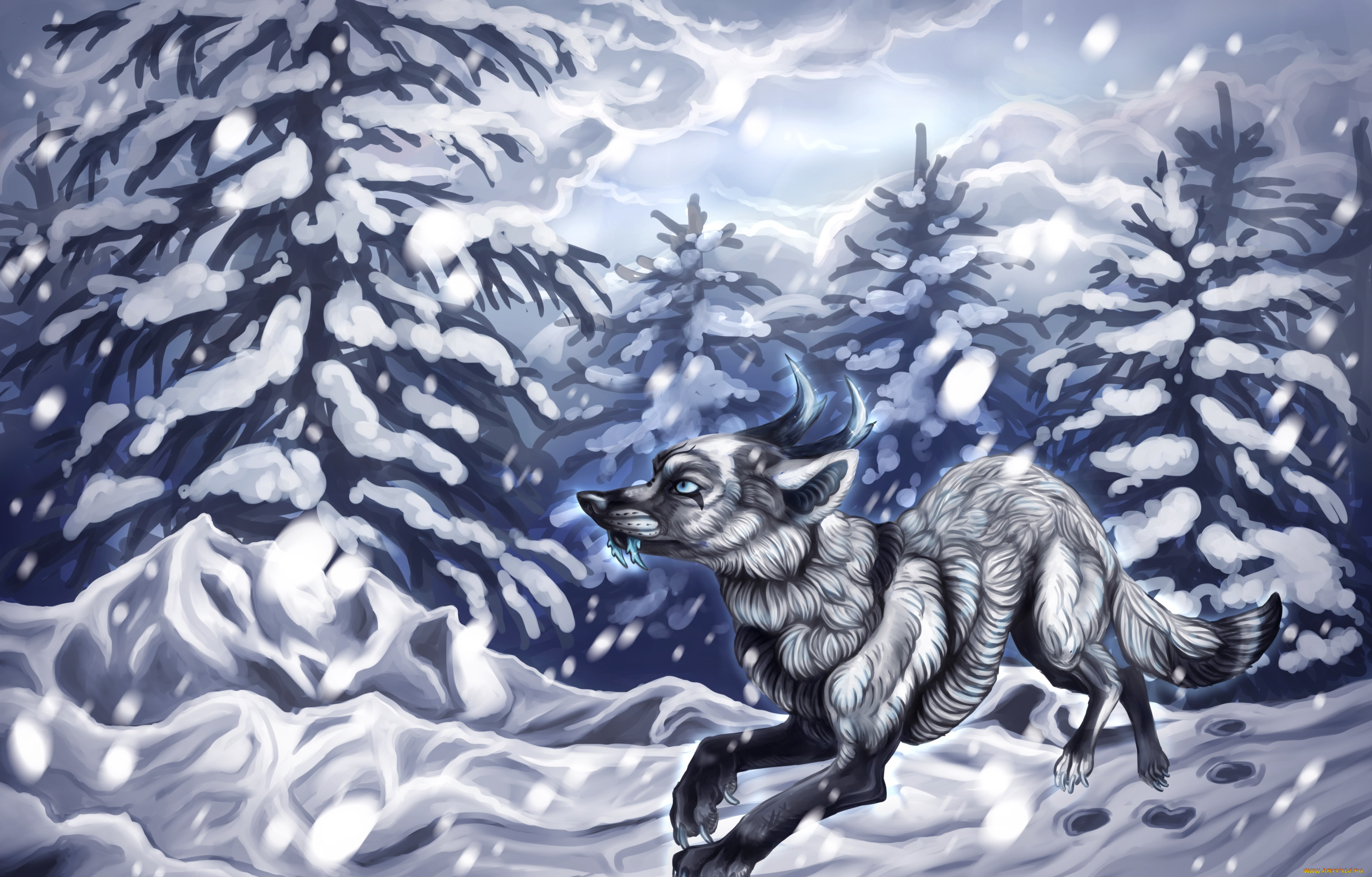 рисованное, животные, , волки, волк, снег, лес