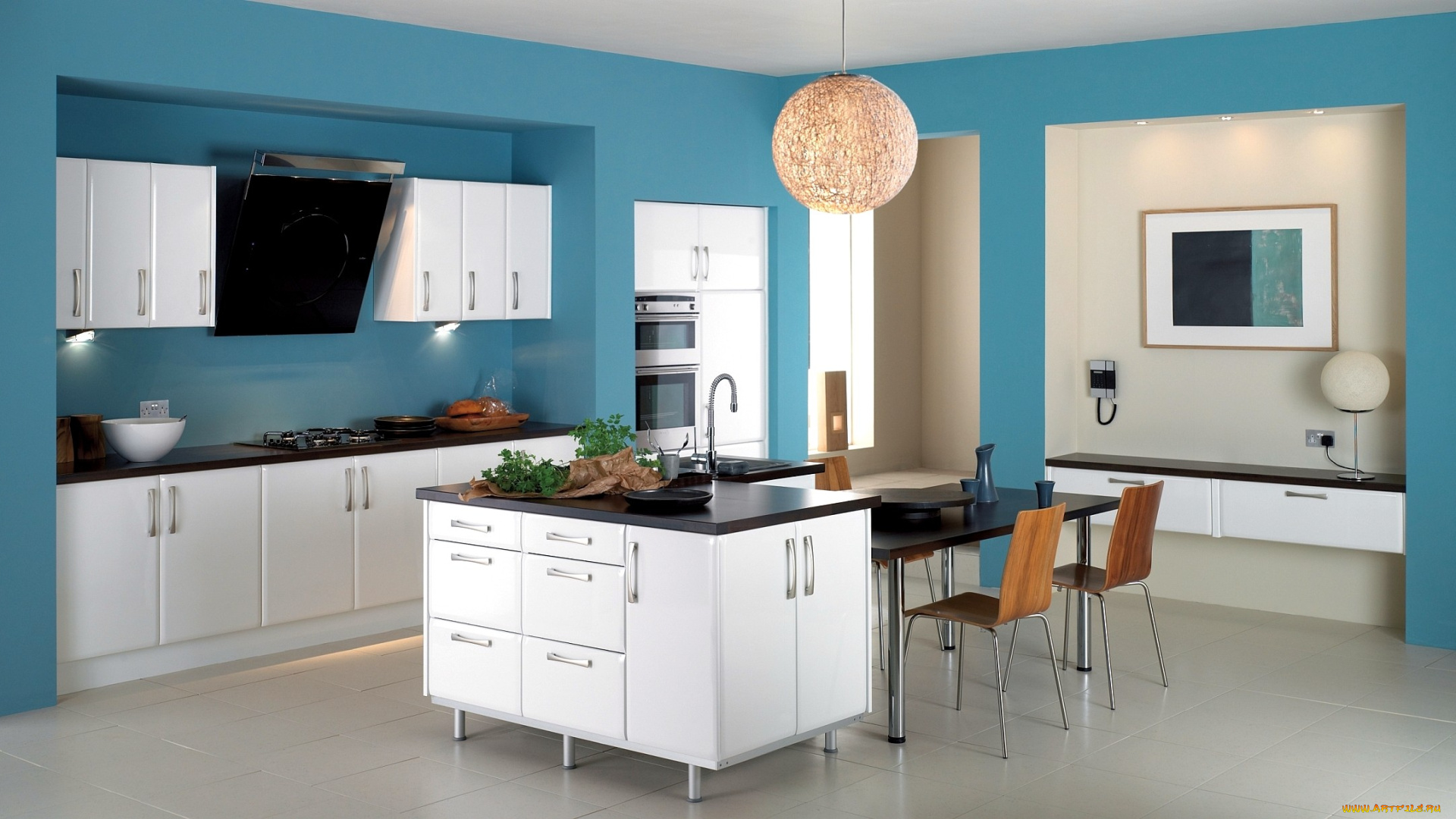 интерьер, кухня, плита, голубой, люстра, вытяжка, стулья, холодильник