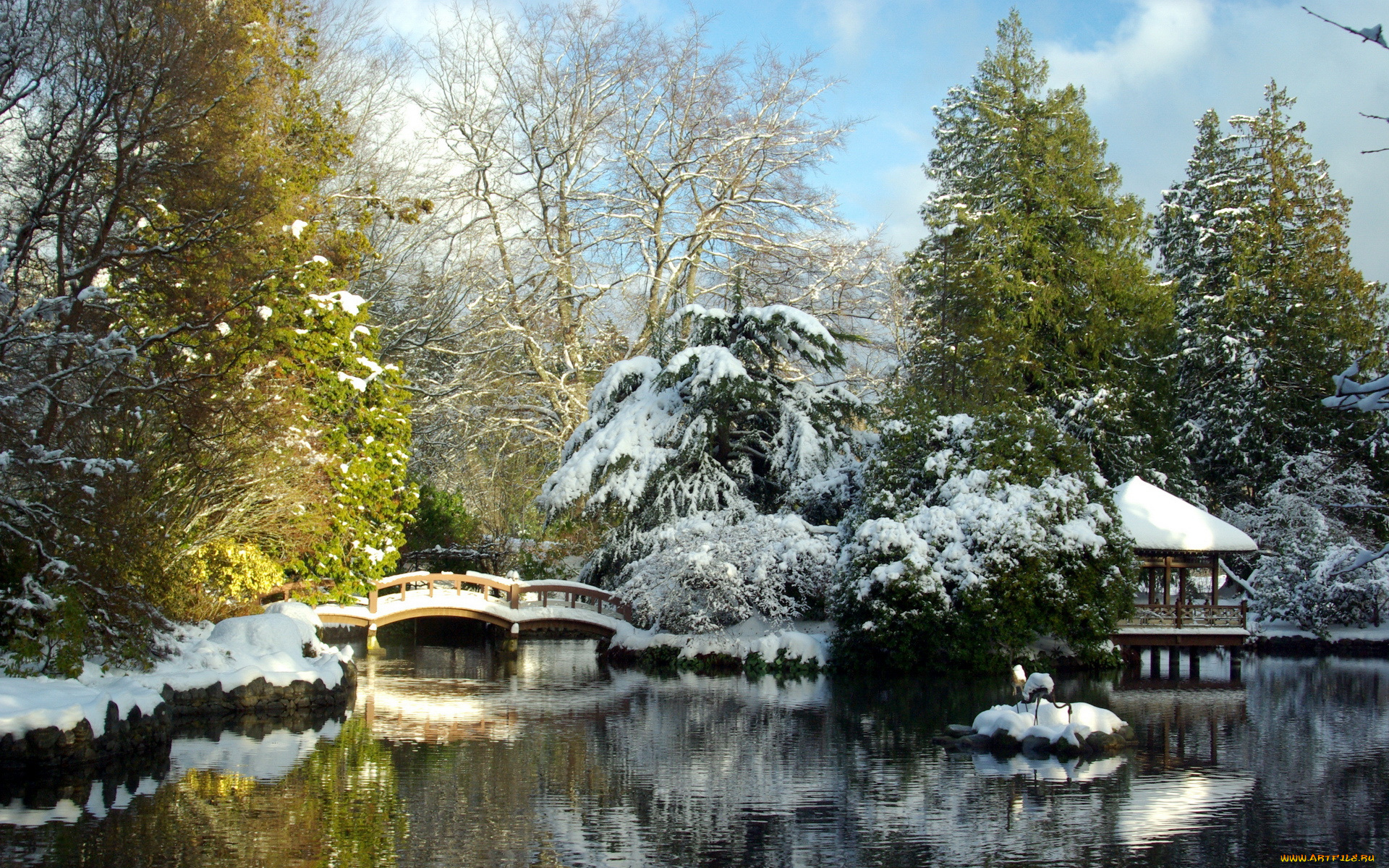 природа, парк, деревья, мост, снег, зима