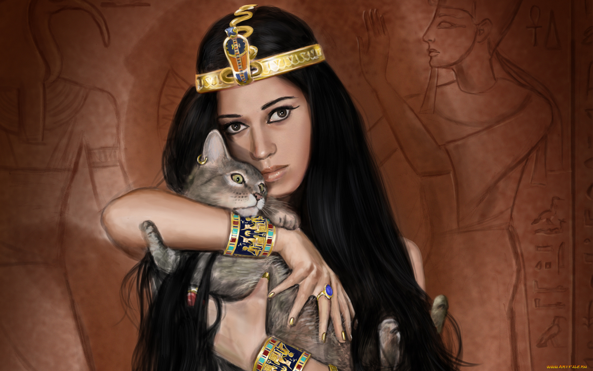 рисованные, люди, египтянка, царица, кошка, украшения
